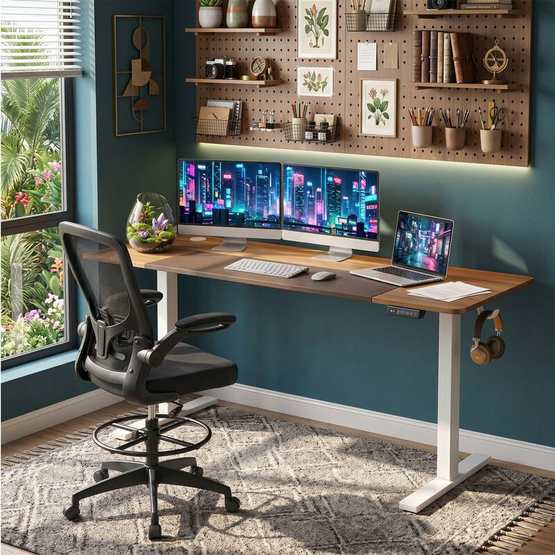 WELLFOR - 63"x 24" Height Adjustable Sit Stand Computer Desk with 3 Memory Presets&Hanging Hooks,Electric Ergonomic Stand up Desk - Natural