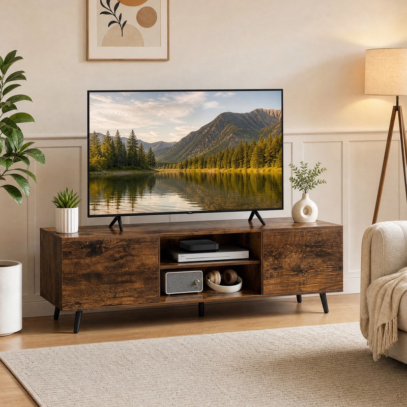 WELLFOR - TV Stand for 60 Inch TVs with Power Outlets and Adjustable Shelf, Entertainment Center Media Console Cabinet - Rustic Brown