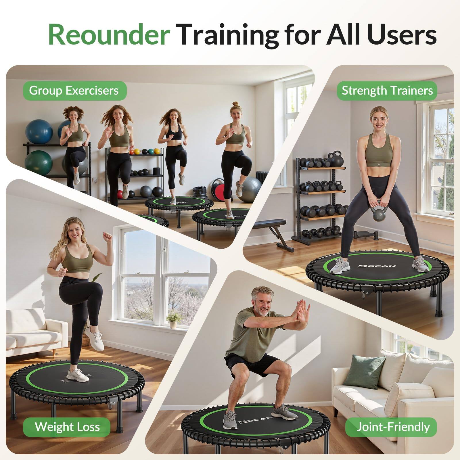 Reounder Training for All Users

- Group Exercisers
- Strength Trainers
- Weight Loss
- Joint-Friendly