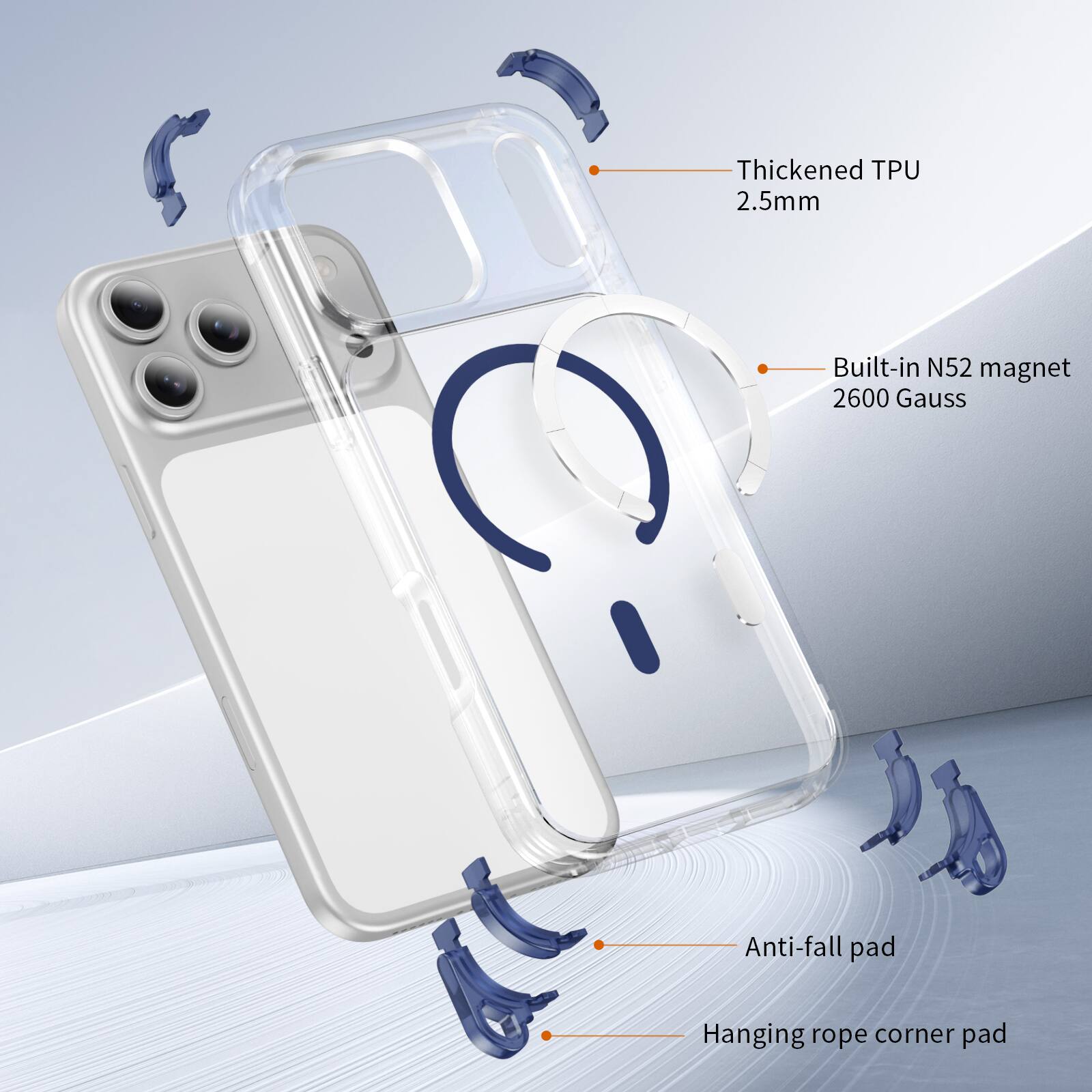Thickened TPU 2.5mm  
Built-in N52 magnet 2600 Gauss  
Anti-fall pad  
Hanging rope corner pad