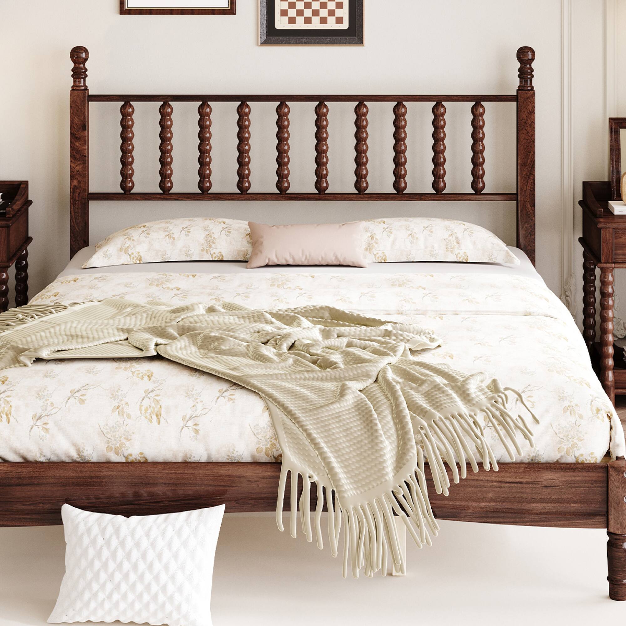 Alt View 10. GOODSILO - Queen Size Retro Wood Platform Bed with Gourd Shaped Headboard and Wooden Slat Support - Walnut.