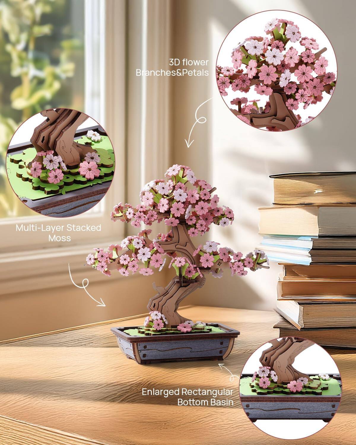 3D Flower Branches & Petals  
Multi-Layer Stacked Moss  
Enlarged Rectangular Bottom Basin