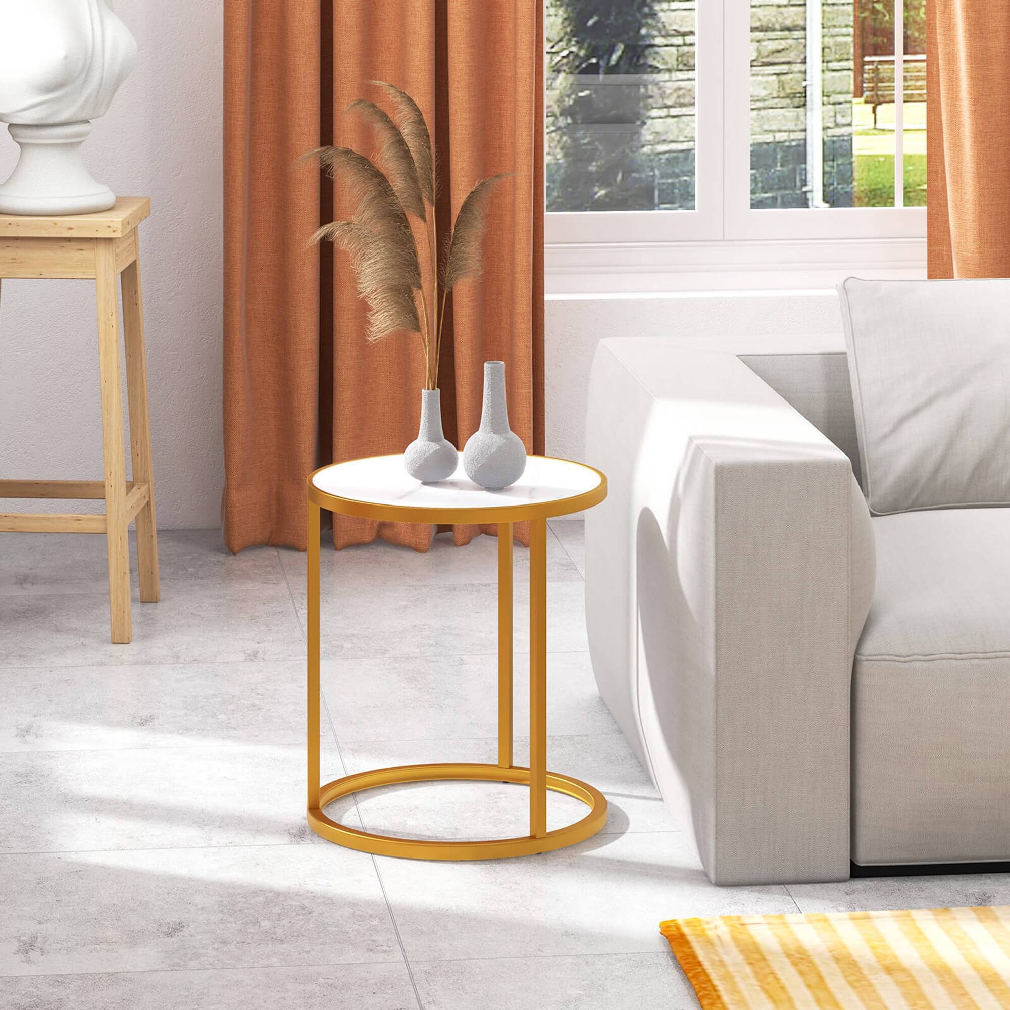 Alt View 4. Gymax - Gymax 2PCS Sintered Stone Top Round Side Table 16''x16'' End Table w/ Golden Metal Frame Gold - White + Gold.