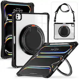 Dteck - For Apple iPad Pro (M5) 13" 2025 & (M4) 2024 Case,Clear Rugged Shockproof Cover w/ 360° Kickstand Handle+Shoulder Strap - Black