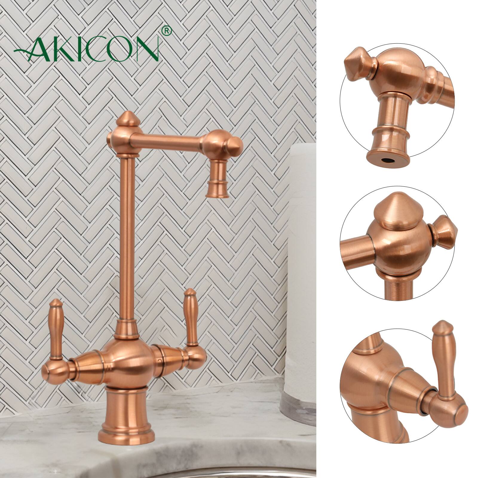 Alt View 2. Akicon - Akicon Solid Brass Two-Handles Widespread Kitchen Drinking Water Filter Faucet, Dual Lever Hot and Cold Water in Copper - Copper.