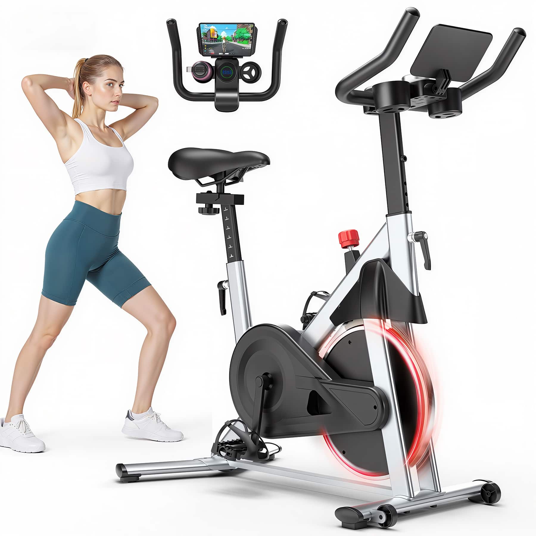 Front. Superun - Superun Exercise Bike for Home Use Spin Bike with Adjustable Magnetic Resistance - Sliver.