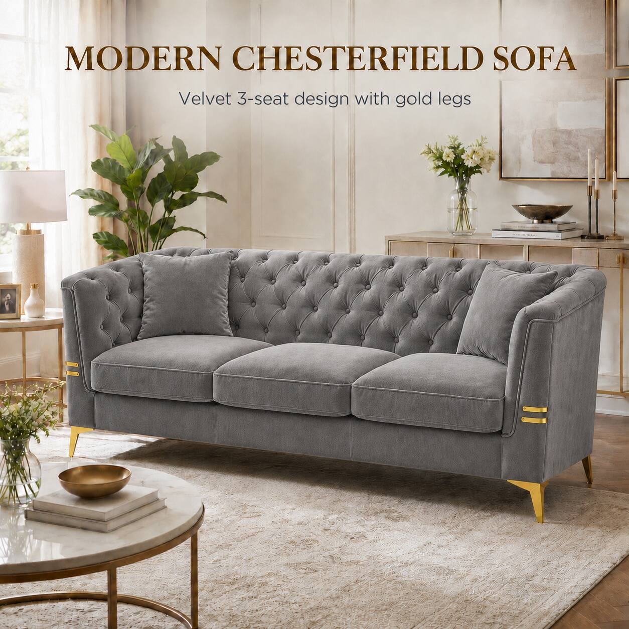 MODERN CHESTERFIELD SOFA  
Velvet 3-seat design with gold legs