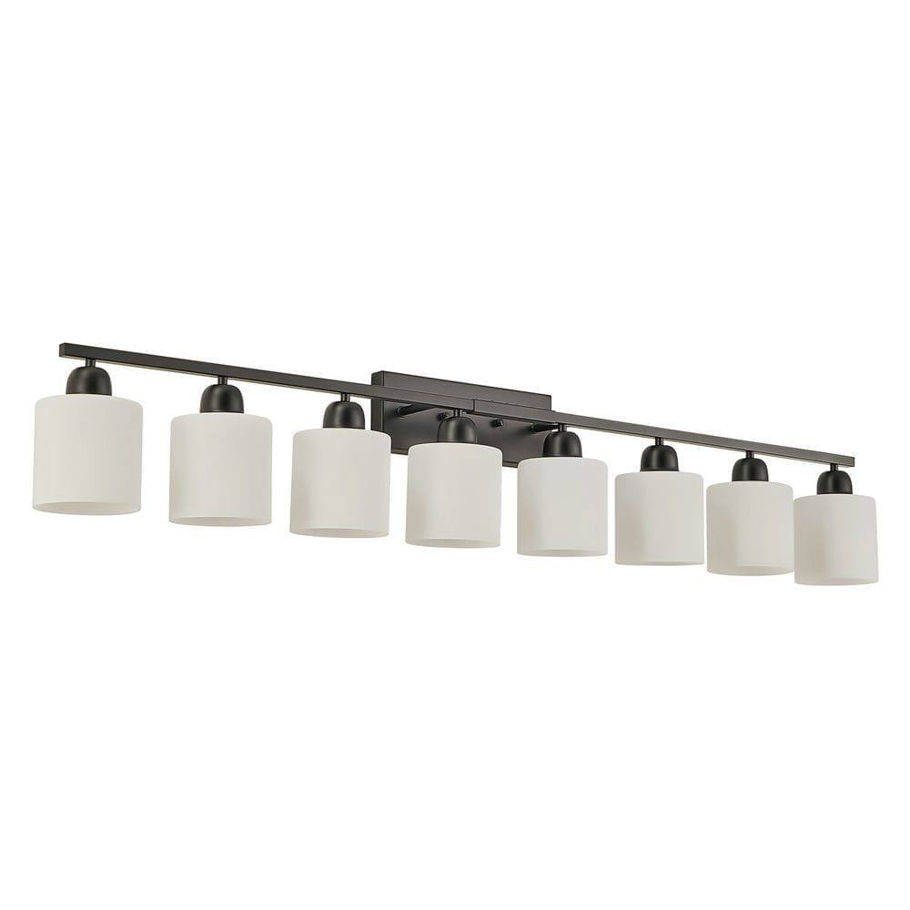 Angle. Kadyn - 8-Light Bathroom Light Fixtures, 52inch Modern Matte Black Vanity Lights with White Frosted Glass Shade, Black - Black.
