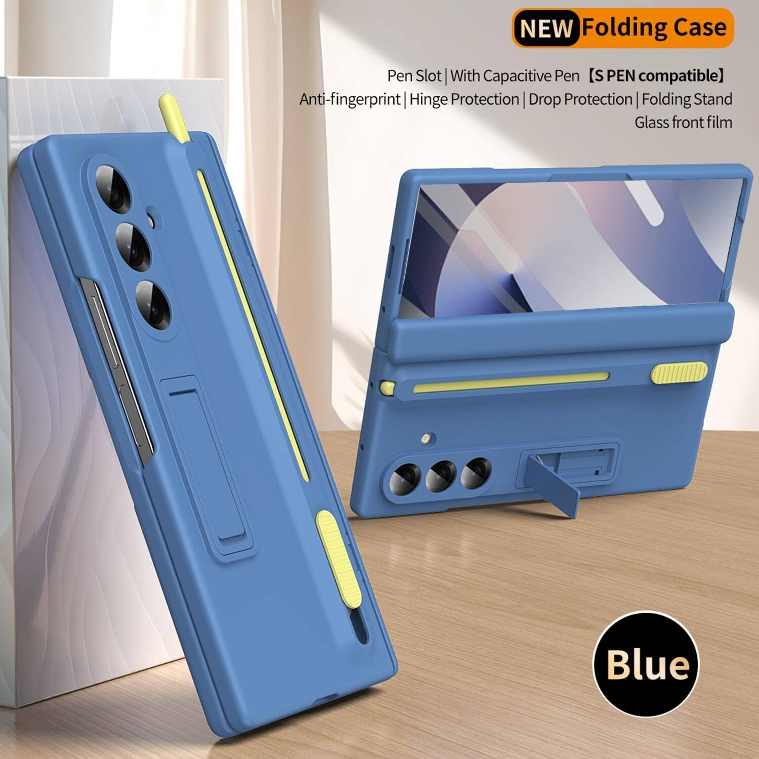 NEW Folding Case Pen Slot With Capacitive Pen (S PEN compatible) Anti-fingerprint | Hinge Protection | Drop Protection | Folding Stand | Glass front film Blue