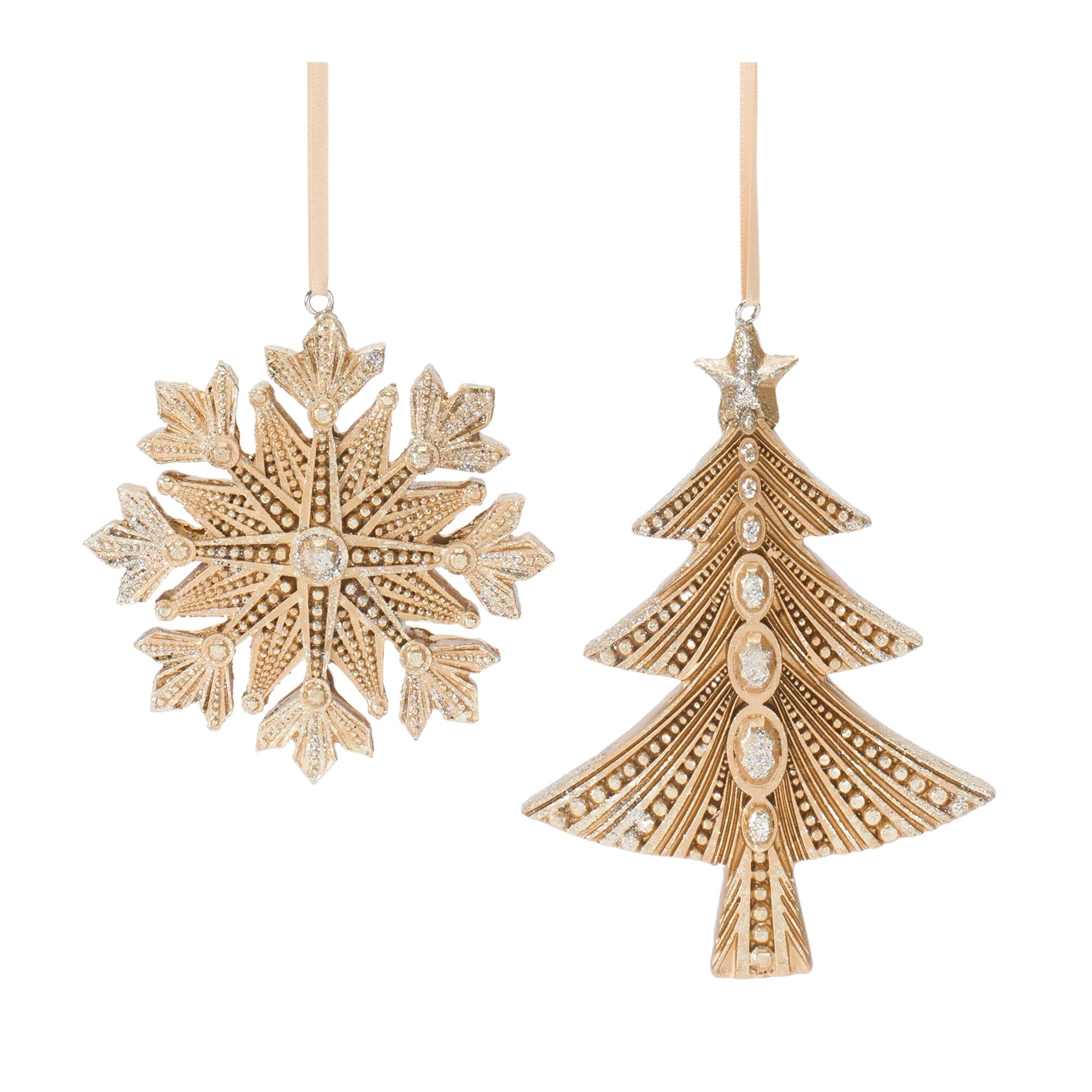 Front. BreeBe - Glittered Pine Tree and Snowflake Ornament (Set of 12) - Gold.