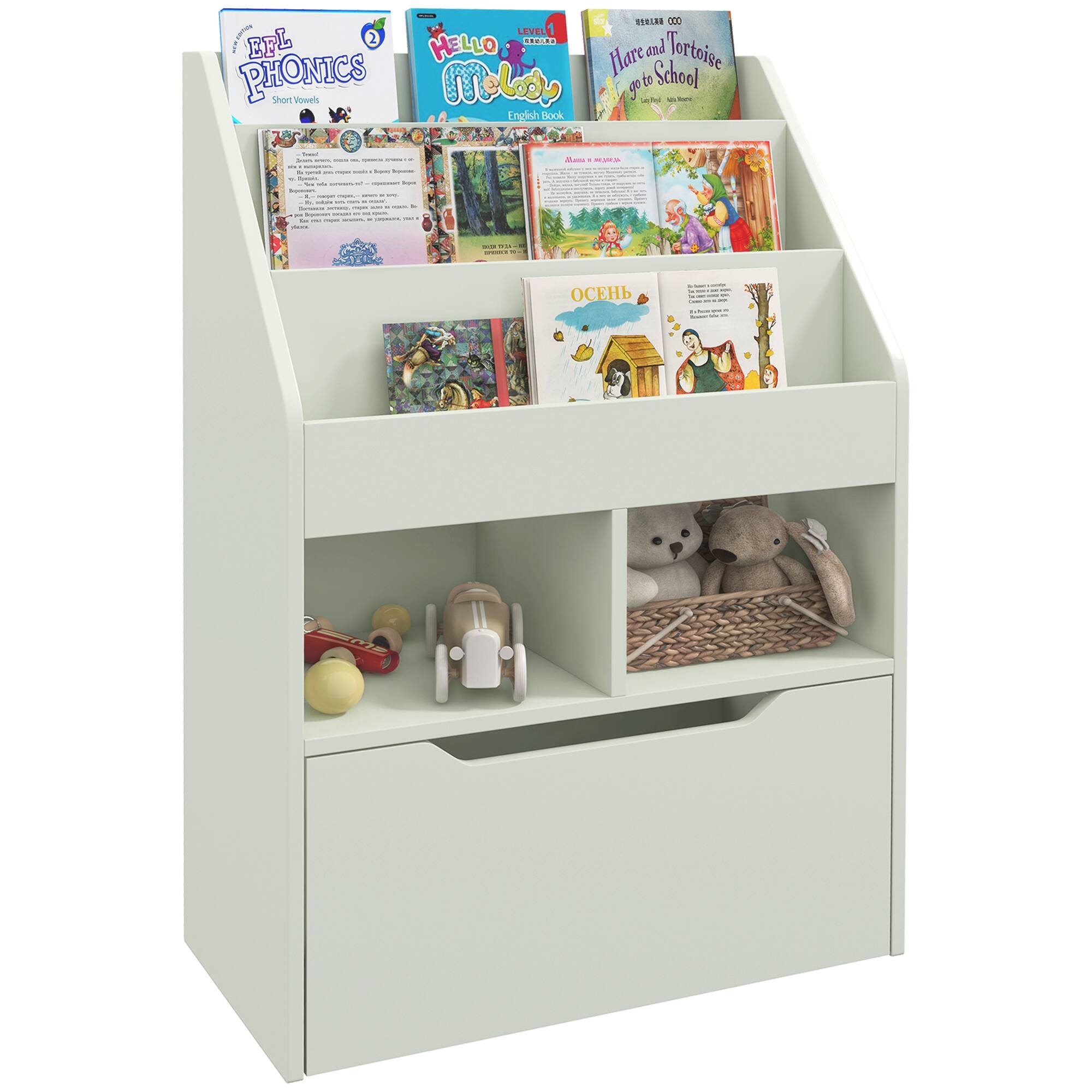 Homcom - Kids Bookcase Multi-Shelf Rack Organizer with Storage Drawer for Books, Playroom - Green