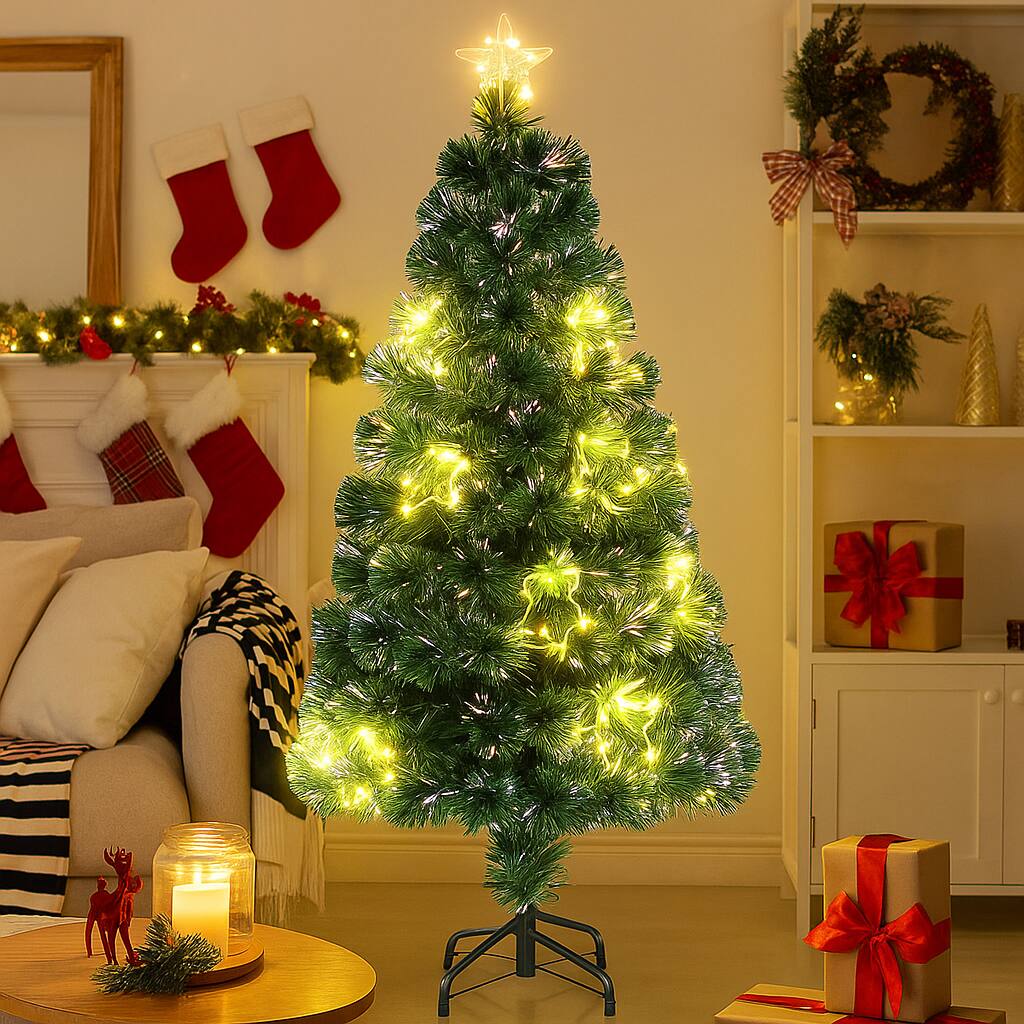 Angle. BreeBe - Artificial Prelit Christmas Tree with Top Star and Full Branch Tips - Green.