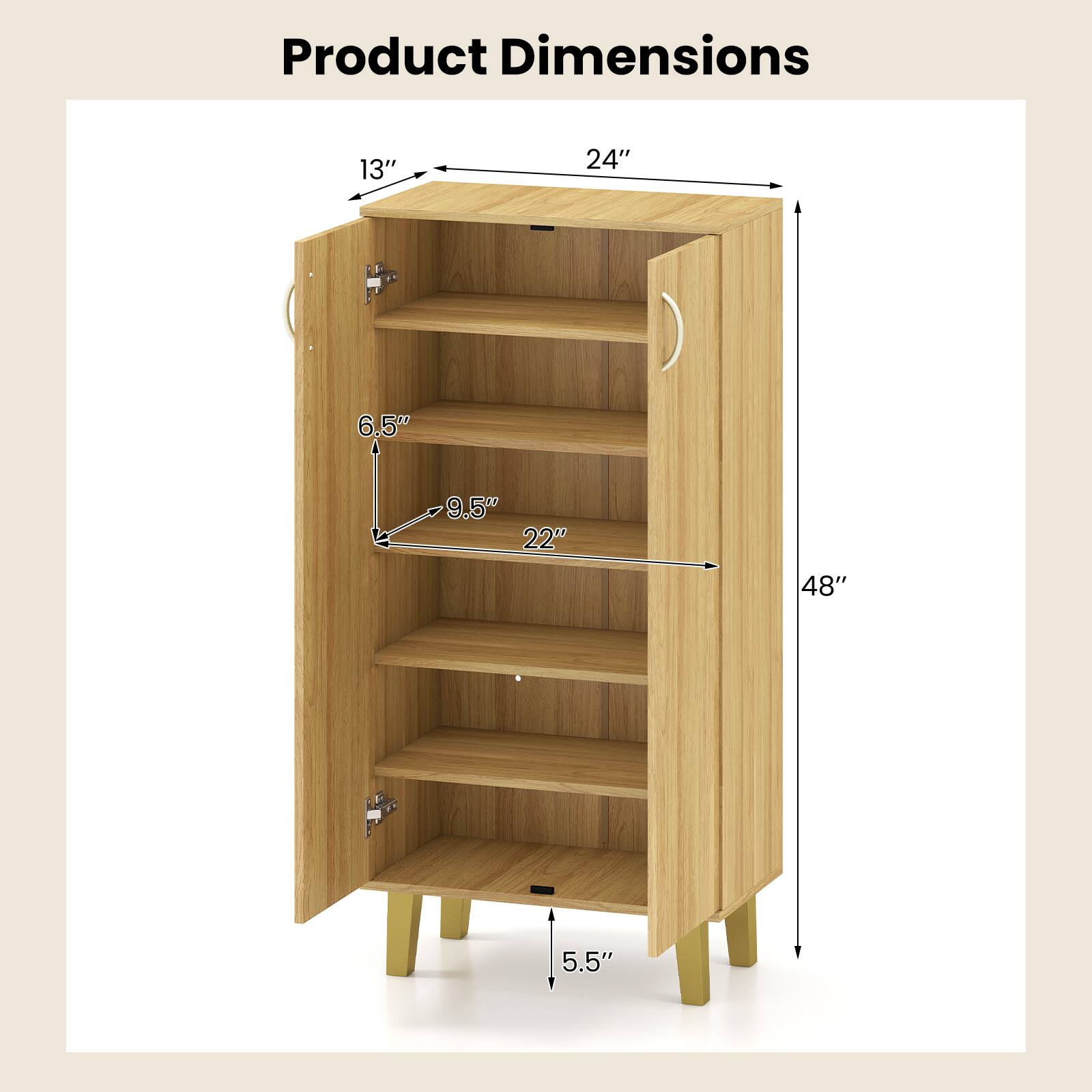 Product Dimensions

- Width: 48"
- Height: 24"
- Depth: 13"
- Shelf 1: 9.5" (front) x 22" (depth)
- Shelf 2: 6.5" (front) x 22" (depth)
- Bottom shelf: 5.5" (front) x 22" (depth)