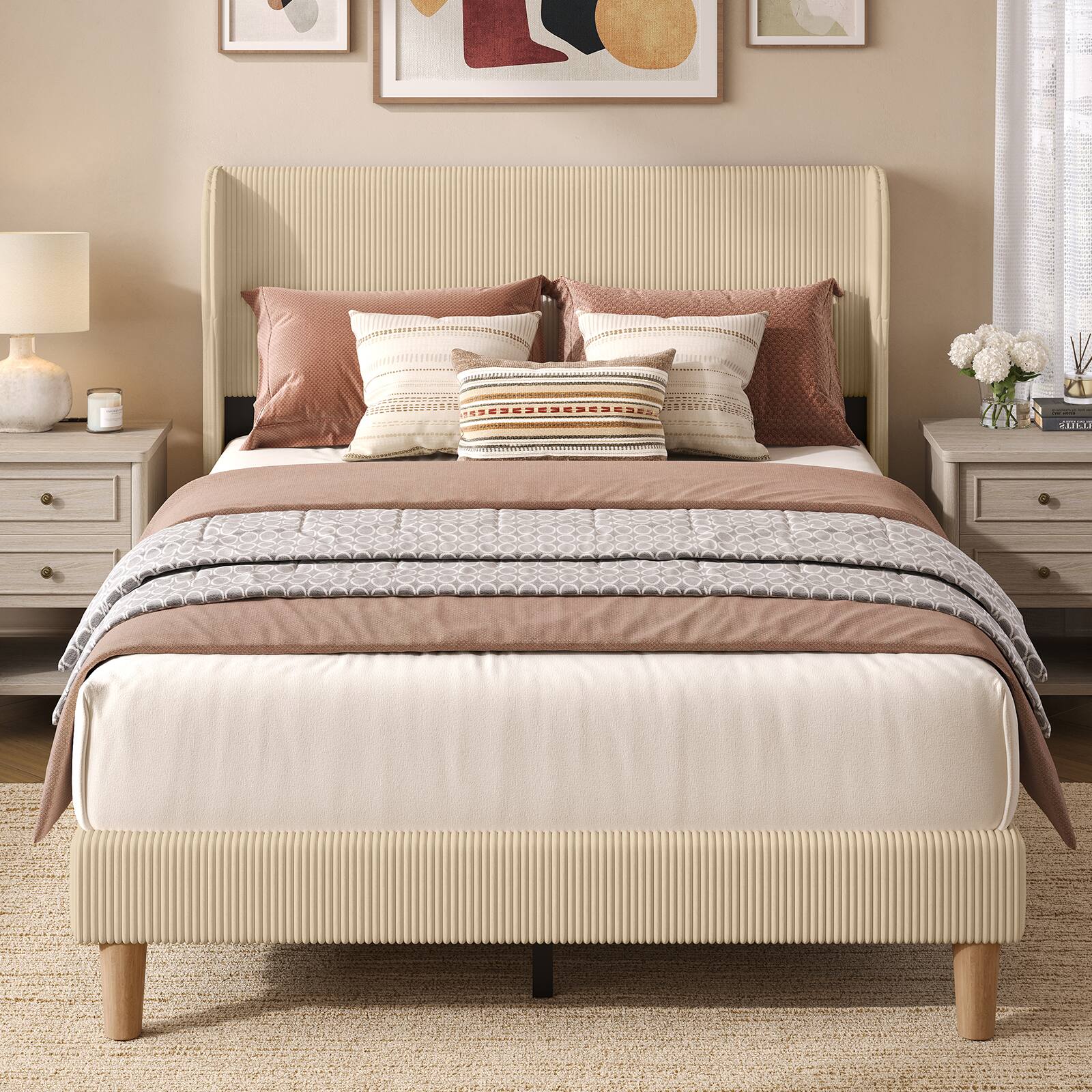Left. Bestier - Wood Frame Corduroy Upholstered Platform Bed Frame with Wingback Headboard - Taupe.