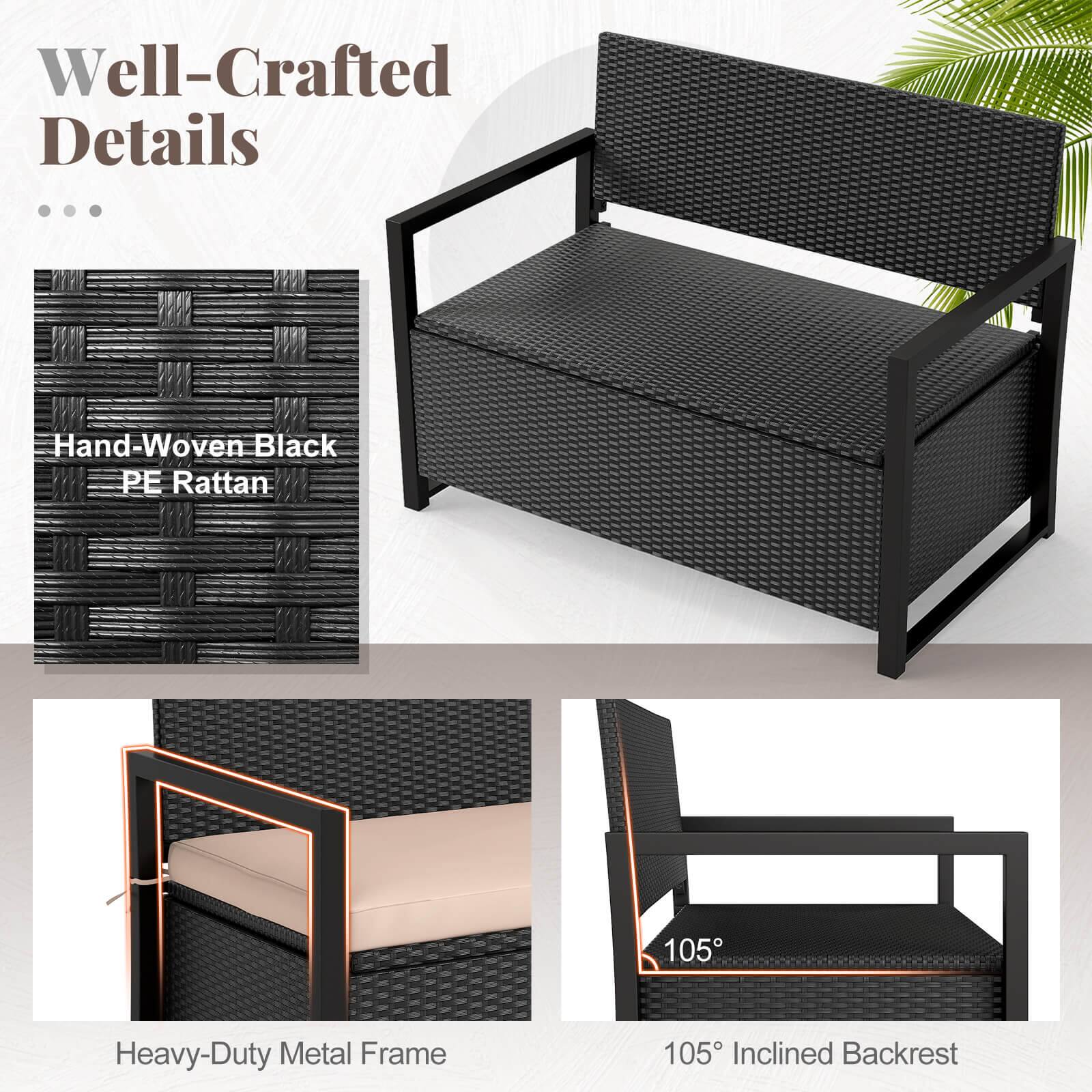 Well-Crafted Details

Hand-Woven Black PE Rattan

Heavy-Duty Metal Frame

105° Inclined Backrest