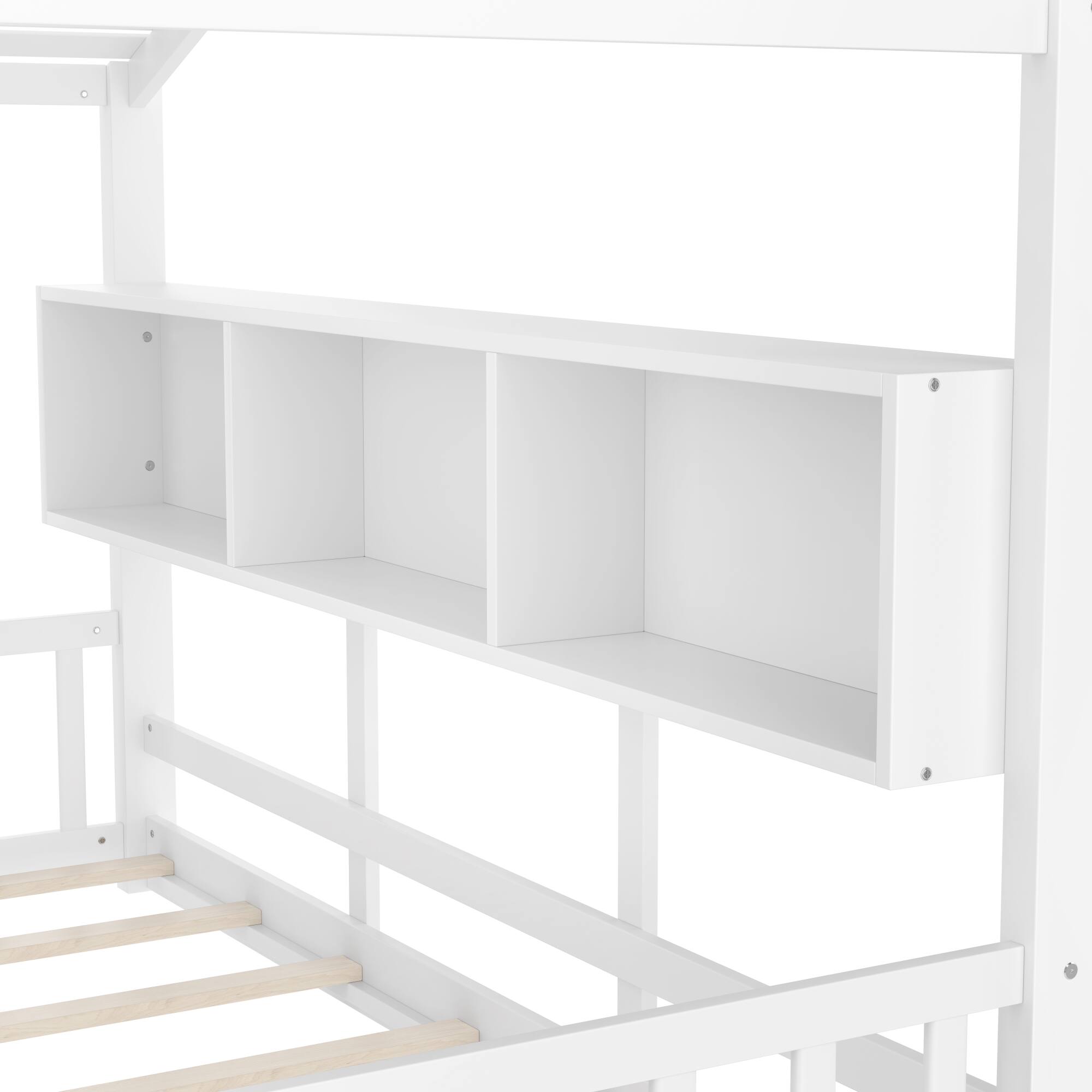 Alt View 4. GOODSILO - Twin Size Floor House Bed for Toddlers and Kids with Storage Shelf and Playhouse Roof Design - White.