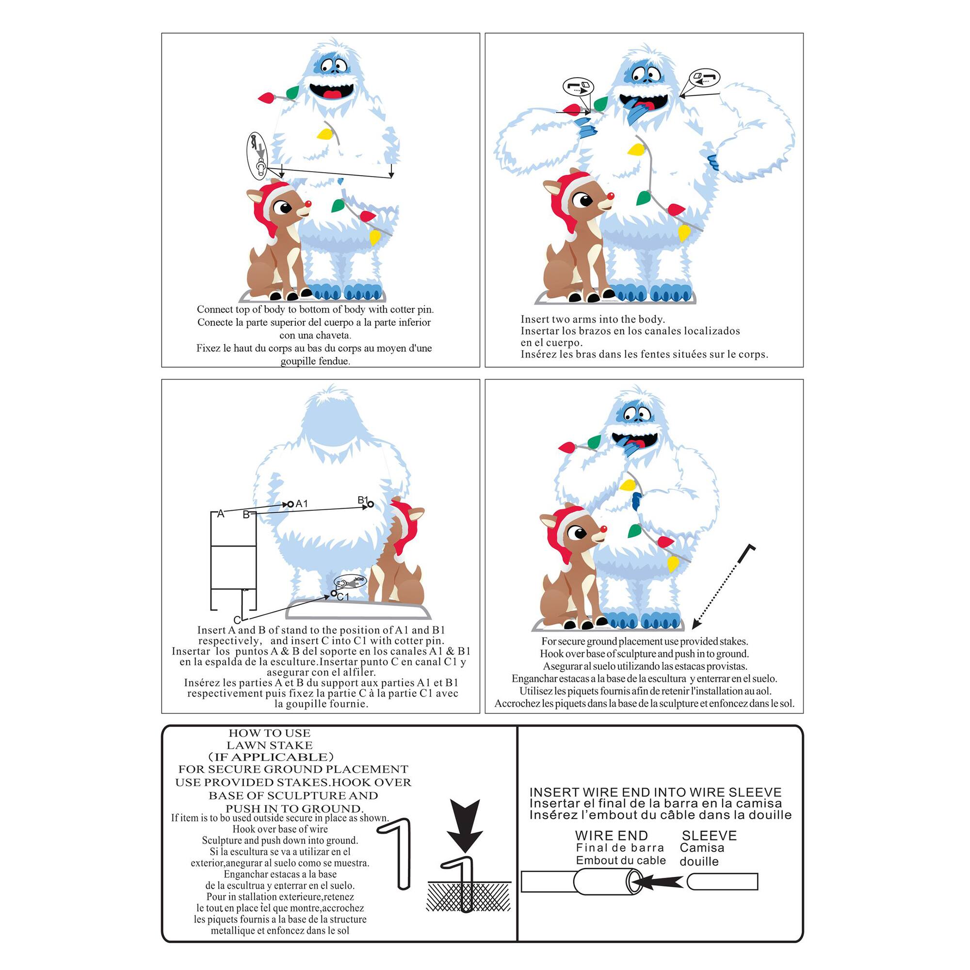 **Step 1: Connect the Body**
- Connect top of body to bottom of body with cotter pin.
- Conecte la parte superior del cuerpo a la parte inferior del cuerpo con una chaveta.
- Fixez le haut du corps au moyen d'une goupille fendue.

**Step 2: Insert Arms**
- Insert two arms into the body.
- Insertar los brazos en los canales localizados en el cuerpo.
- Insérez les bras dans les fentes situées sur le corps.

**Step 3: Insert A and B**
- Insert A and B of stand to the position of A1 and B1 respectively, and insert C into C1 with cotter pin.
- Insertar puntos A y B en la posición de A1 y B1 respectivamente, y encastrar punto C en canal C1 y asegurar con alfiler.
- Insérez les parties A et B dans les parties respectivement puis encastrer la partie C dans la partie C1 avec la goupille fournie.

**Step 4: Secure Ground Placement (If Applicable)**
- For secure ground placement use provided stakes. Hook over base of sculpture and push into ground.
- Si el esc