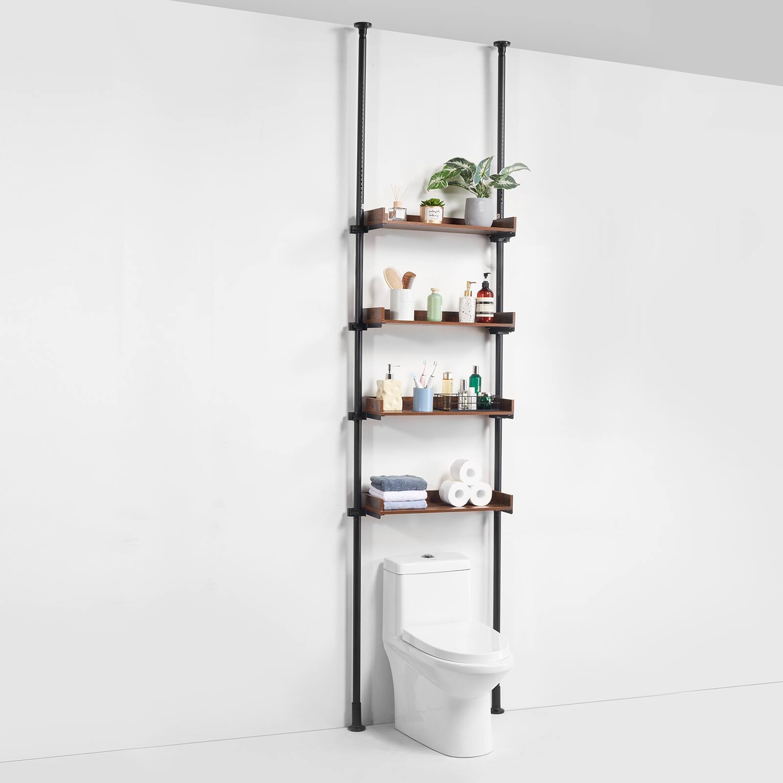 Alt View 5. VEVOR - Over the Toilet Storage, 4-Tier Adjustable Over Toilet Organizer, Low-carbon Steel 53"-132" Tall Storage Shelf Rack - Black.
