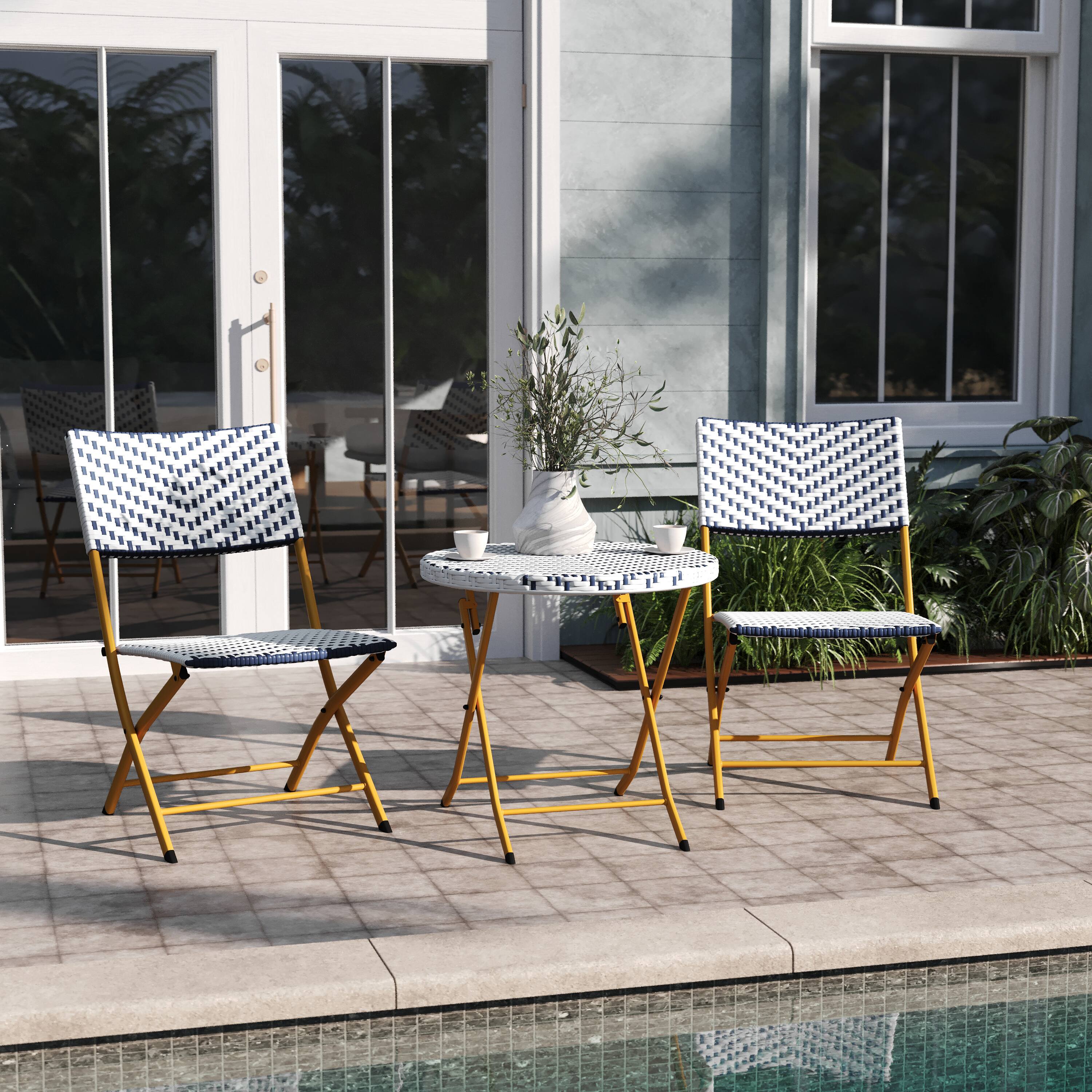 Alt View 1. Emma + Oliver - Ciel Three Piece Folding Bistro Set in PE Rattan with Metal Frames for Indoor and Outdoor Use - Navy & White.