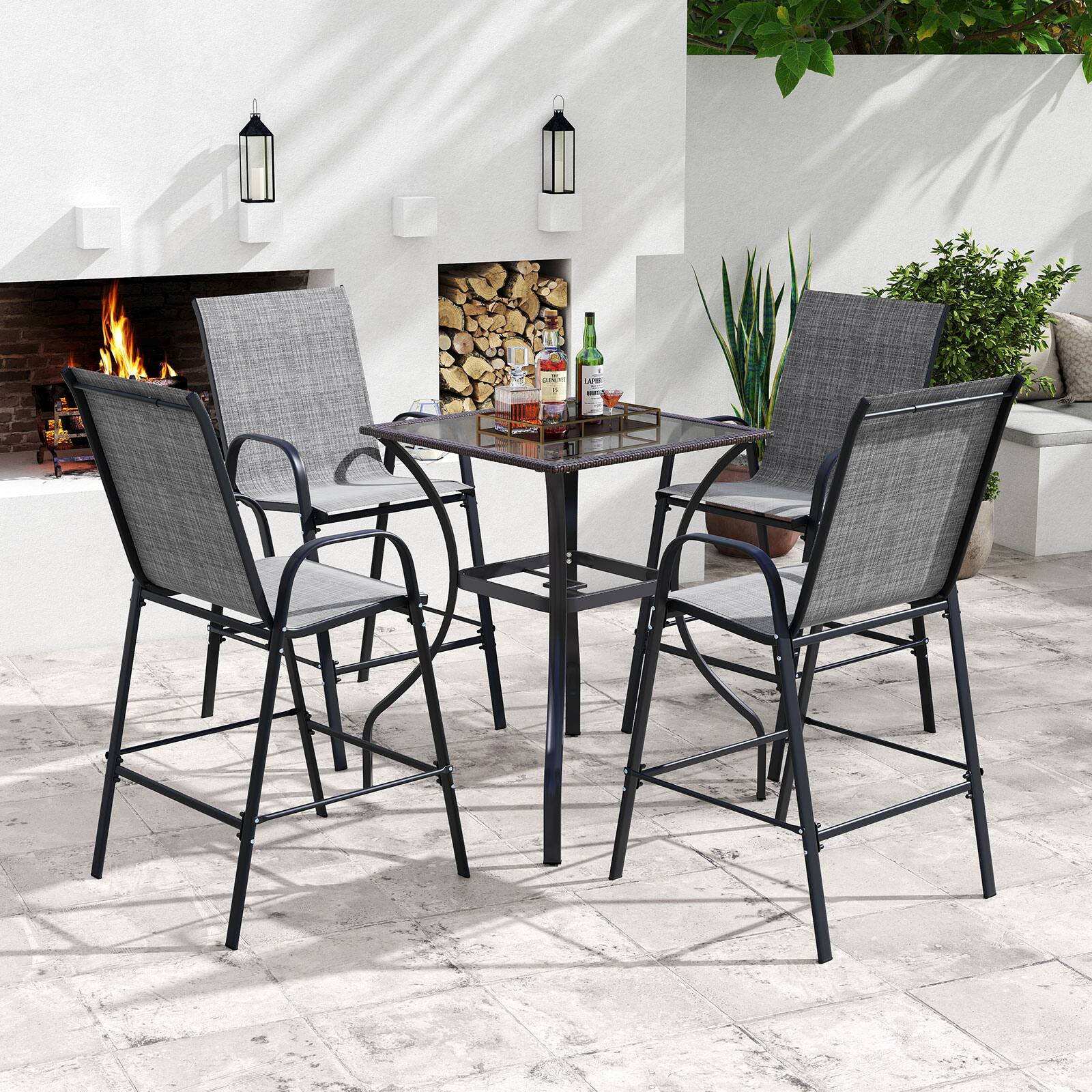 Alt View 7. Gymax - Gymax 4PCS Outdoor Bar Stools 29'' Fabric Bar Height Stools w/ Armrests & Footrest Gray - Gray.