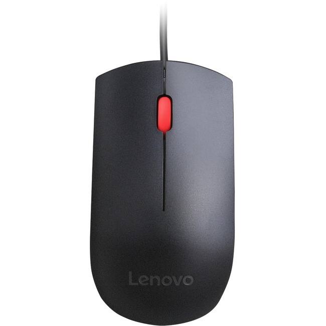 Front. Lenovo - Lenovo Essential USB Mouse - Optical - Cable - Black - USB - 1600 dpi - Scroll Wheel - 3 Button(s) - Symmetrical - 1 - Black.