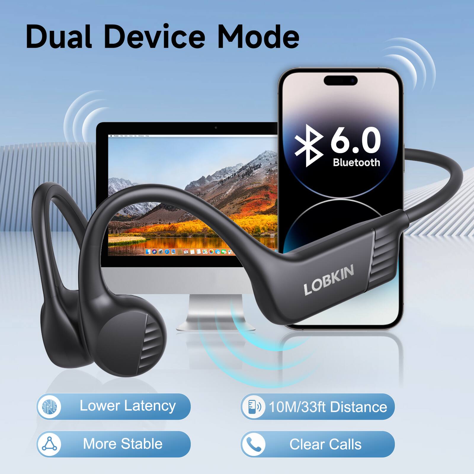 Dual Device Mode 6.0 Bluetooth - 1 A V - 7 LOBKIN Lower Latency E 10M/33ft Distance More Stable Clear Calls