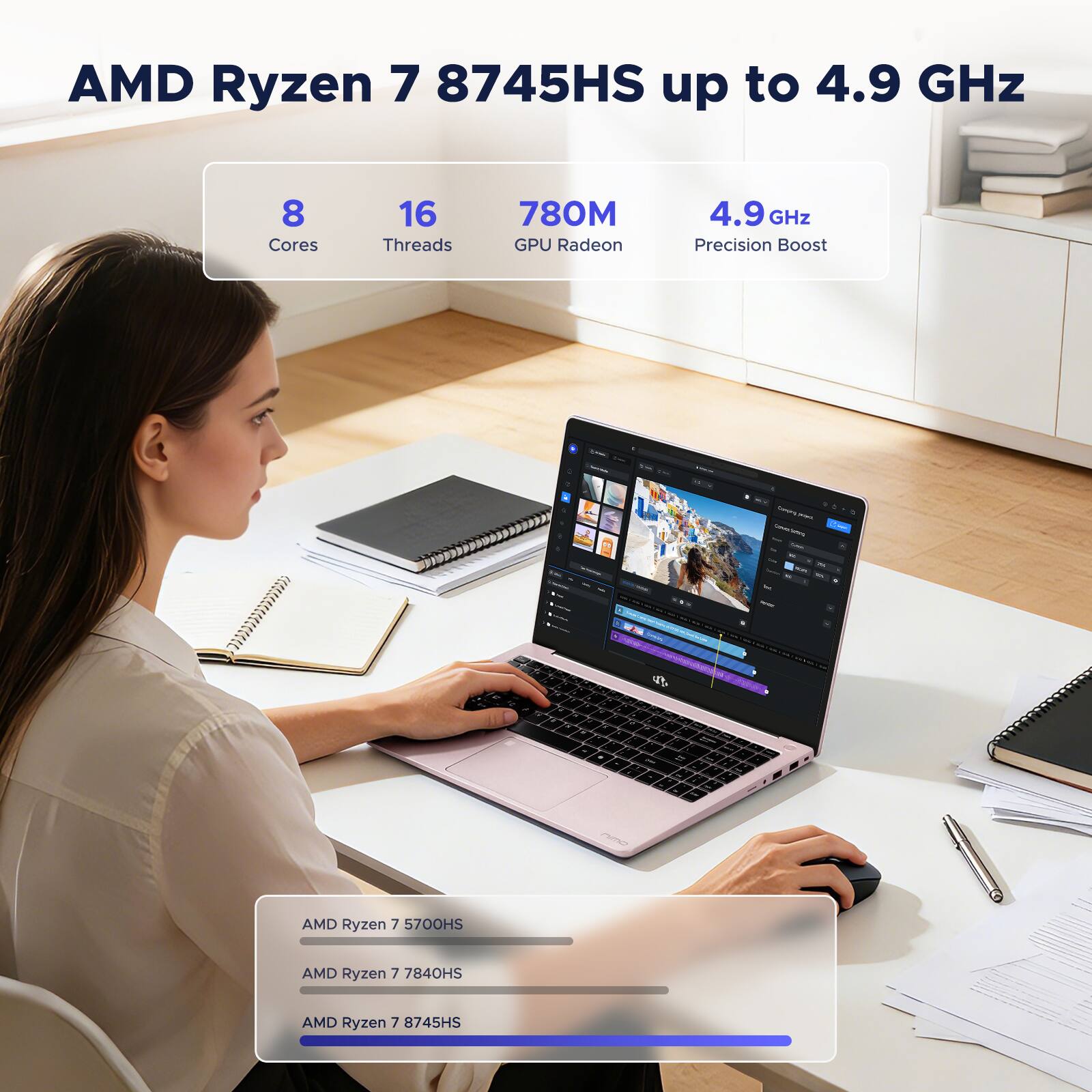 AMD Ryzen 7 8745HS up to 4.9 GHz  
8 Cores  
16 Threads  
780M GPU Radeon  
4.9 GHz Precision Boost  

AMD Ryzen 7 5700HS  
AMD Ryzen 7 7840HS  
AMD Ryzen 7 8745HS