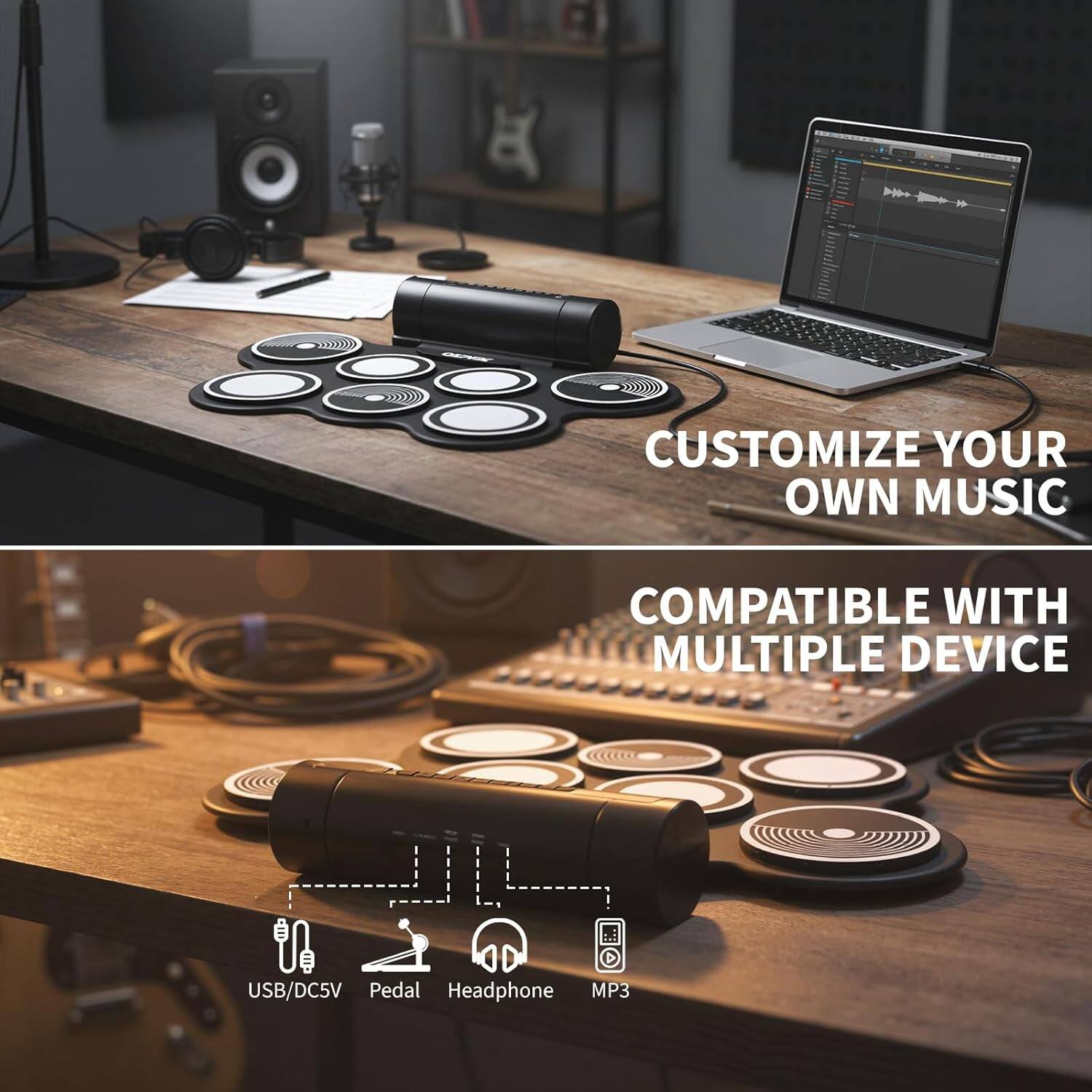 CUSTOMIZE YOUR OWN MUSIC  
COMPATIBLE WITH MULTIPLE DEVICE  

USB/DC5V  
Pedal  
Headphone  
MP3