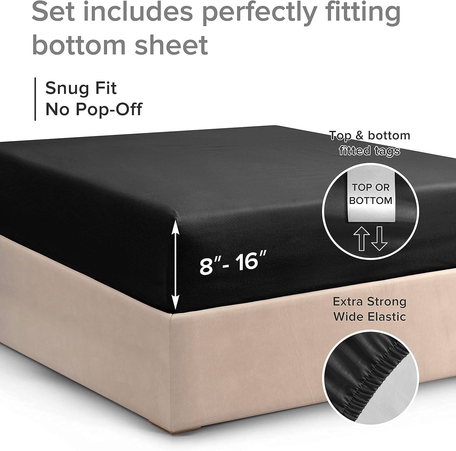 Set includes perfectly fitting bottom sheet

- Snug Fit
- No Pop-Off

Top & bottom fitted tags

- TOP OR BOTTOM

8" - 16"

Extra Strong Wide Elastic