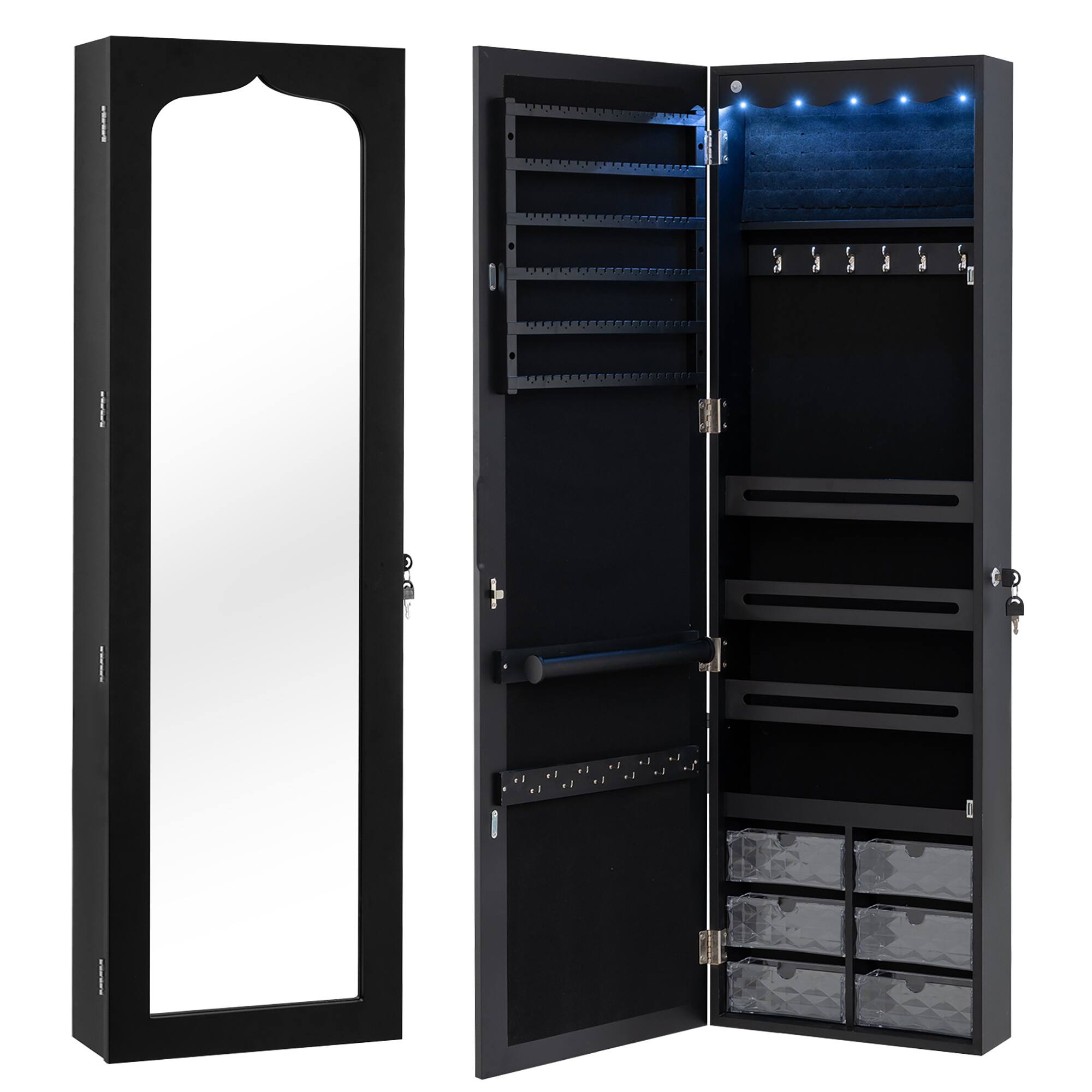 Alt View 9. Gymax - Gymax Jewelry Armoire w/ Full-Length Mirror w/ Built-in LED Lights Hooks Shelves - Black.