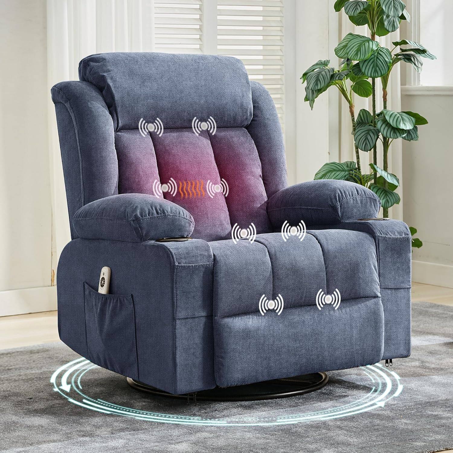 Front. Jojoka - 37.4" Oversized Manual Recliner with Heat and Massage, Swivel Rocker Chair with  USB Ports Cup Holders, - Blue.