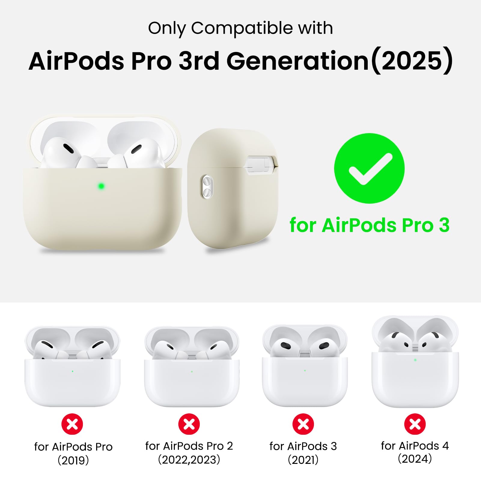 Only Compatible with  
AirPods Pro 3rd Generation (2025)  
for AirPods Pro 3  
for AirPods Pro (2019)  
for AirPods Pro 2 (2022, 2023)  
for AirPods 3 (2021)  
for AirPods 4 (2024)