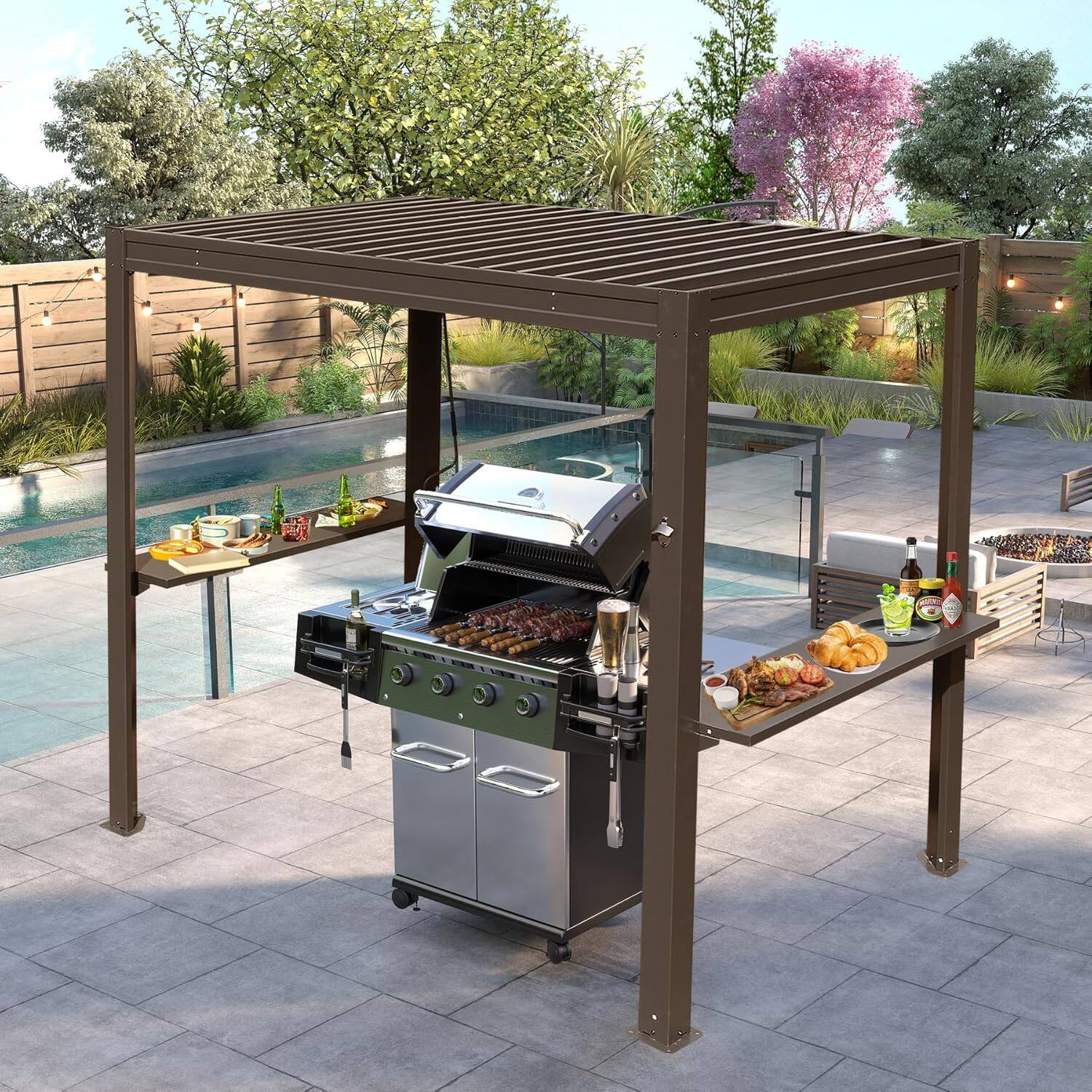 Left. Loheer - Loheer Grill Pergola 8x5 FT Hardtop Metal Grill Gazebo with Adjustable Louvered Roof, Gutter, Side Shelves, Brown.