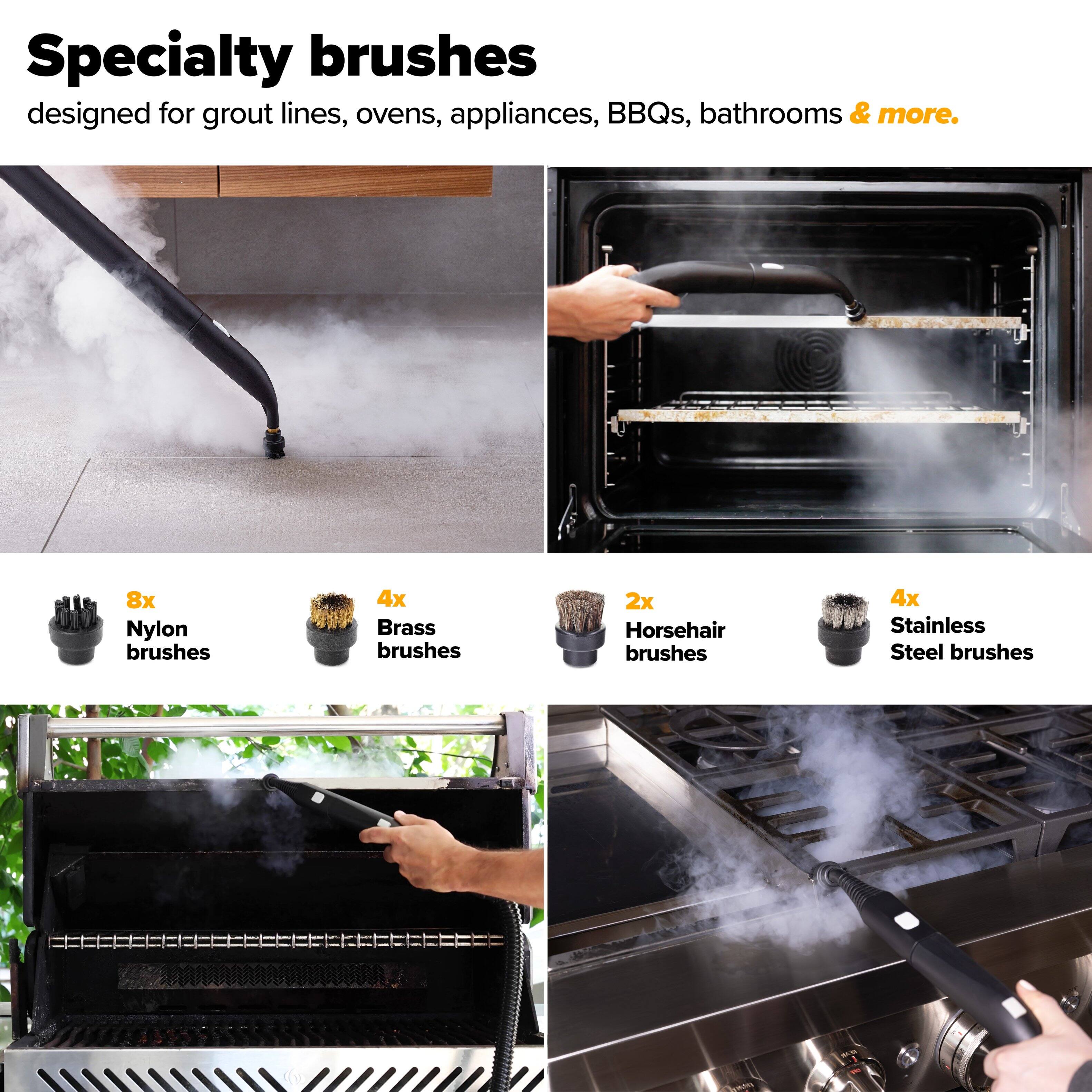 Specialty brushes designed for grout lines, ovens, appliances, BBQs, bathrooms & more.

8x Nylon brushes  
4x Brass brushes  
2x Horsehair brushes  
4x Stainless Steel brushes