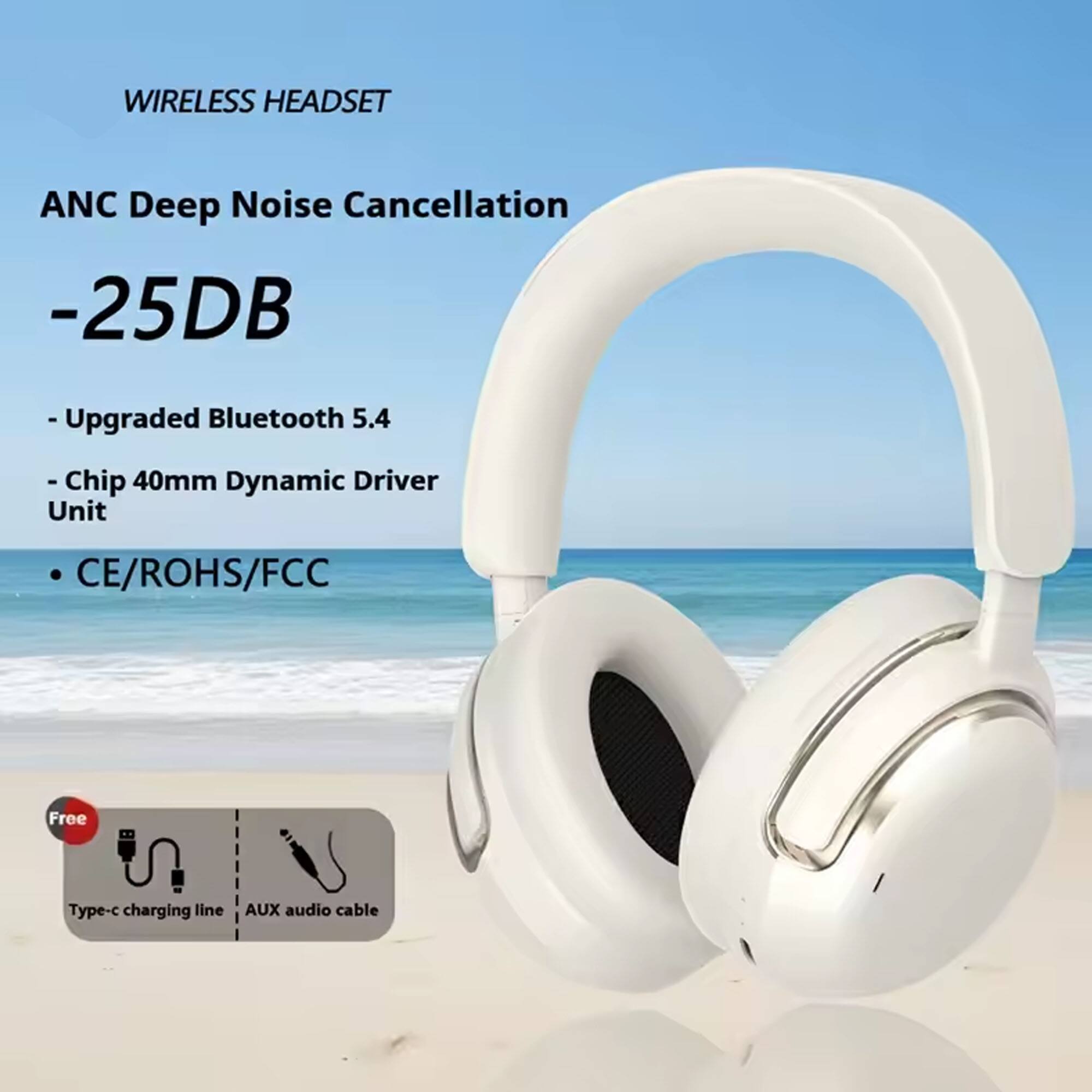 WIRELESS HEADSET

ANC Deep Noise Cancellation
-25DB

- Upgraded Bluetooth 5.4
- Chip 40mm Dynamic Driver Unit
- CE/ROHS/FCC

Free Type-c charging line
AUX audio cable