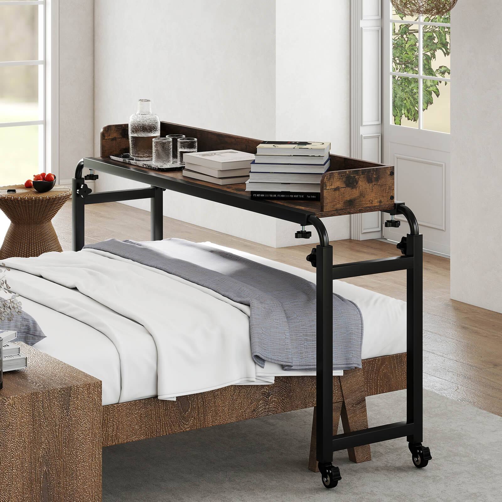 Alt View 3. Costway - Costway Overbed Desk with Wheels with Adjustable Height & Length, Metal Frame for Bedroom - Brown.