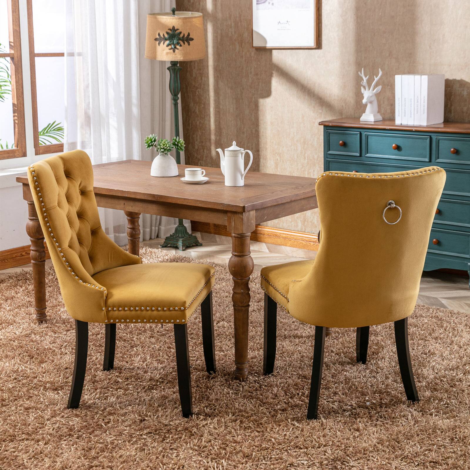 Angle. Z-Edge - Velvet Dining Chairs Set of 2, Upholstered High-end Tufted Dining Room Chair with Nailhead Back Ring Pull Trim Wood Legs - Gold.