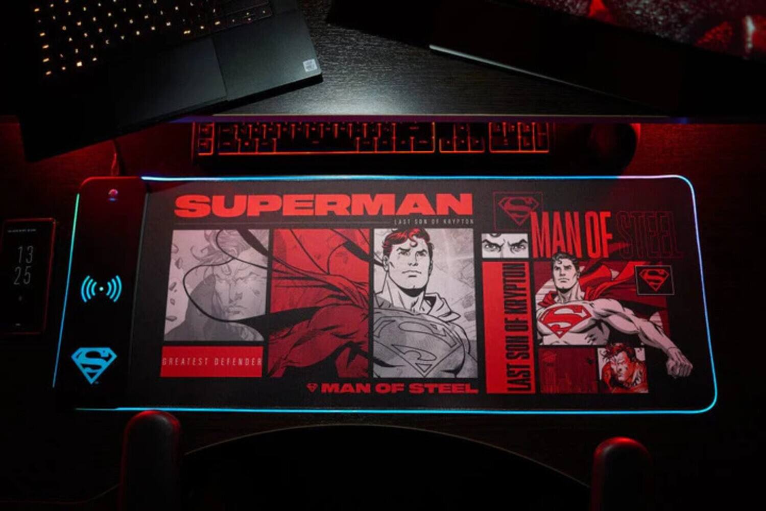 The text on the image is: "Superman: Last Son of Krypton, Man of Steel, Greatest Defender, Man of Steel."
