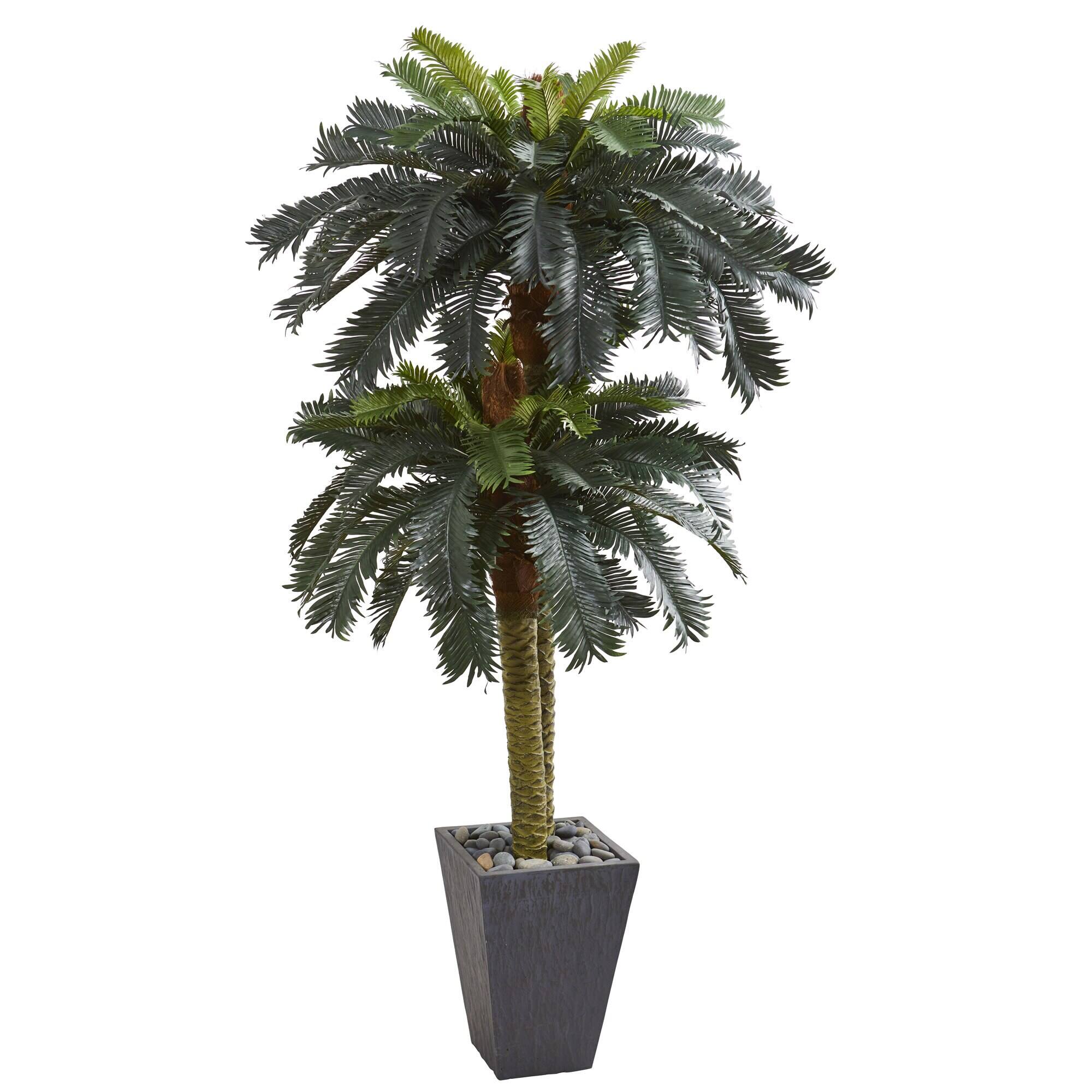 Front. BreeBe - 6' Double Sago Palm Artificial Tree Slate Finished Planter - Multicolor.