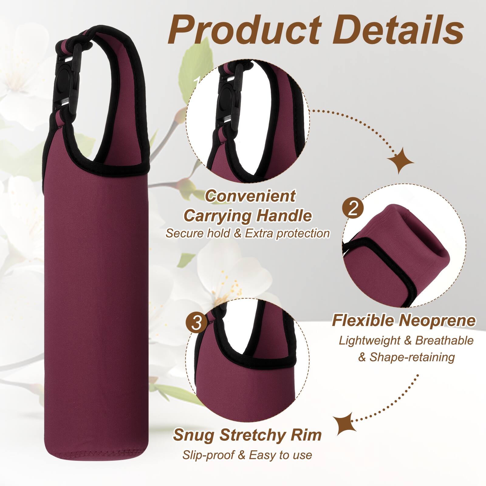 Product Details

1. Convenient Carrying Handle
   - Secure hold & Extra protection

2. Flexible Neoprene
   - Lightweight & Breathable & Shape-retaining

3. Snug Stretchy Rim
   - Slip-proof & Easy to use