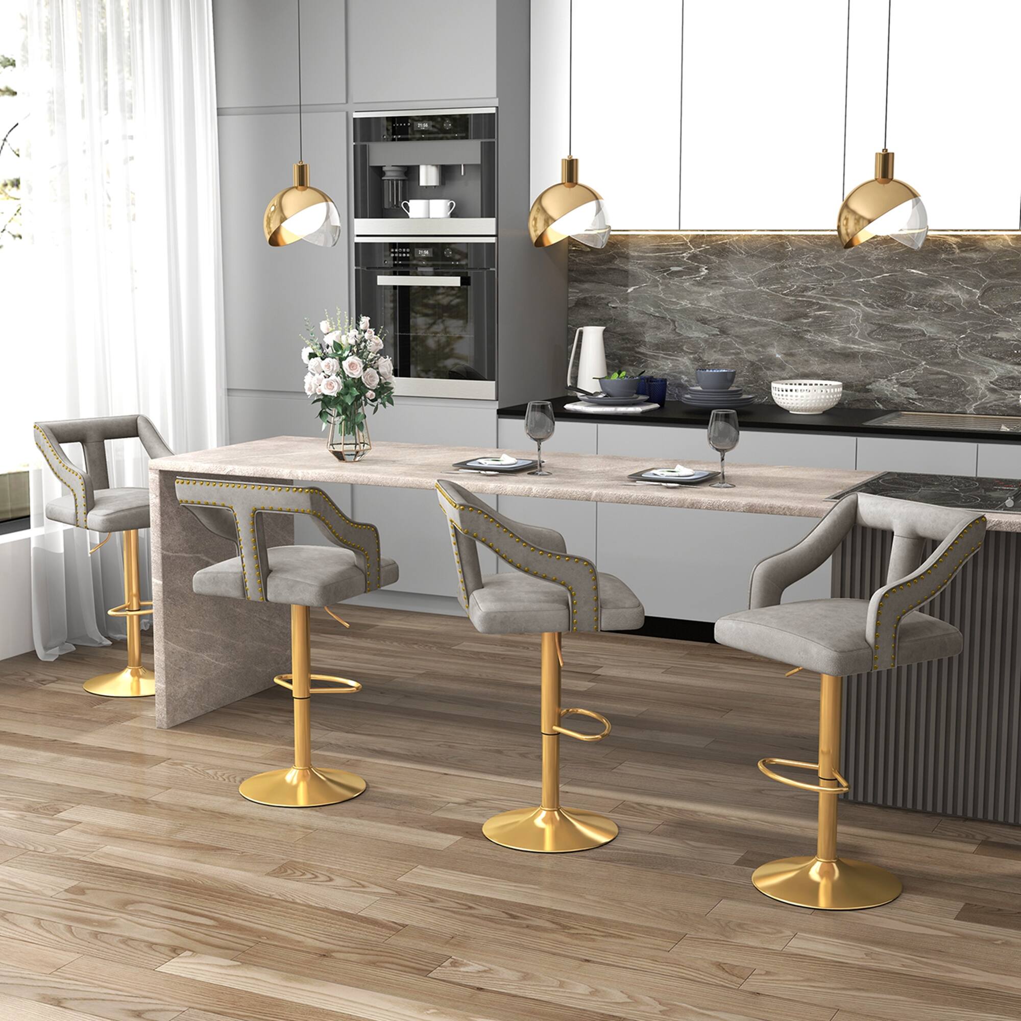 Alt View 3. Costway - Set of 2 Swivel Bar Stool with Footrest, 2-Layer Electroplated Metal Base - Gray & Gold.