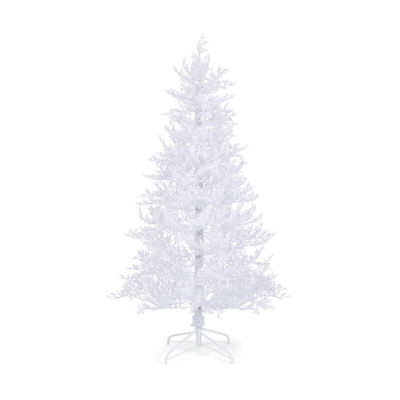Front. WELLFOR - 6ft Pre‑lit Snow‑Flocked Artificial Christmas Tree with 383 Soft PE Branch Tips &300 LED Lights,Holiday Decoration - White.
