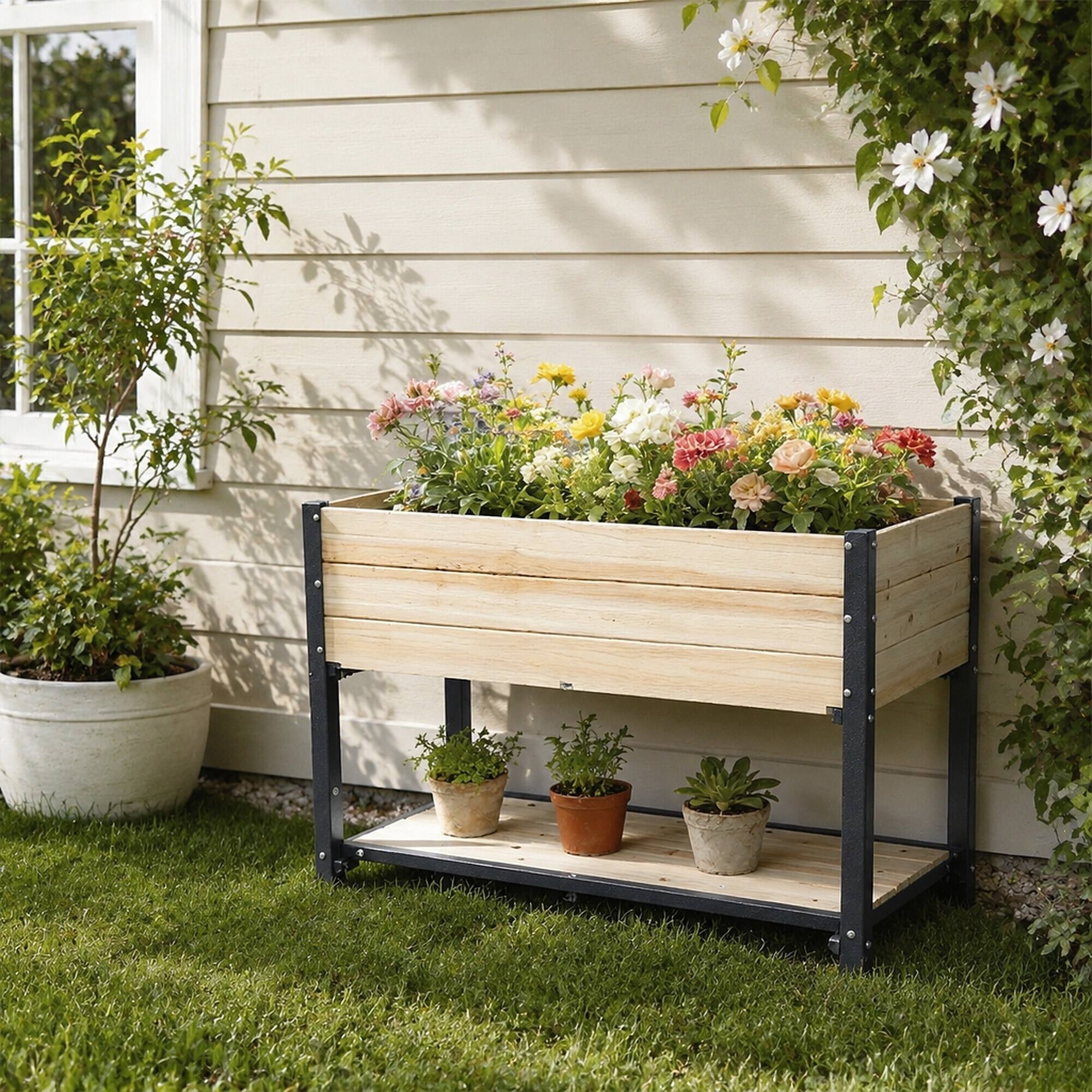 Angle. RYHNUYNE - Solid Wood and Iron Raised Garden Bed with Reversible Panels, No Paint or Formaldehyde, DIY Planter for Vegetables - Natural.