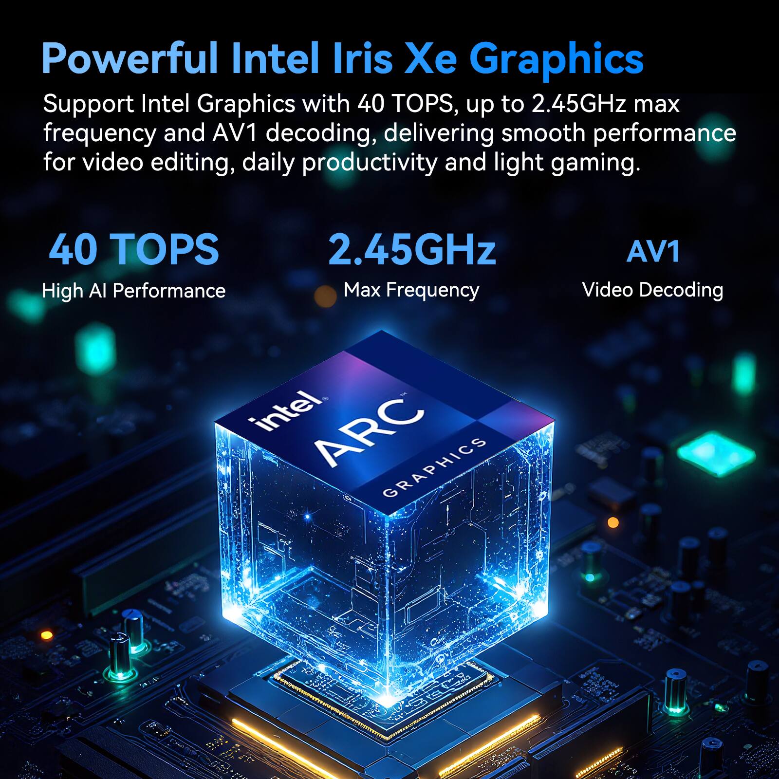 Powerful Intel Iris Xe Graphics  
Support Intel Graphics with 40 TOPS, up to 2.45GHz max frequency and AV1 decoding, delivering smooth performance for video editing, daily productivity and light gaming.  

40 TOPS  
High AI Performance  

2.45GHz  
Max Frequency  

AV1  
Video Decoding  

intel ARC GRAPHICS