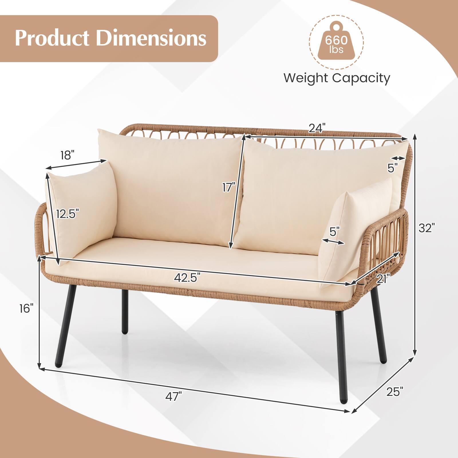Product Dimensions: 47" x 42.5" x 32"  
Weight Capacity: 660 lbs  
Dimensions: 24" x 18" x 17" x 12.5" x 5" x 21" x 16" x 25"