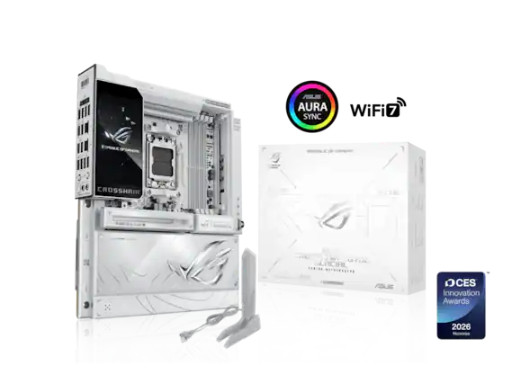 ASUS AURA SYNC P SPUILC RM E OFF LERS CROSSHAIR | O TCi REPURLE OF GHHERG N CARE TUAR M RaG 20 OS ROG ROSS! FIR X870E GLACIAL GAMING ....E**DA*D ROS - ASUS . N03 vene HOLKENROTED EOES JM XAD D a CES Innovation Awards 2026 Honoree