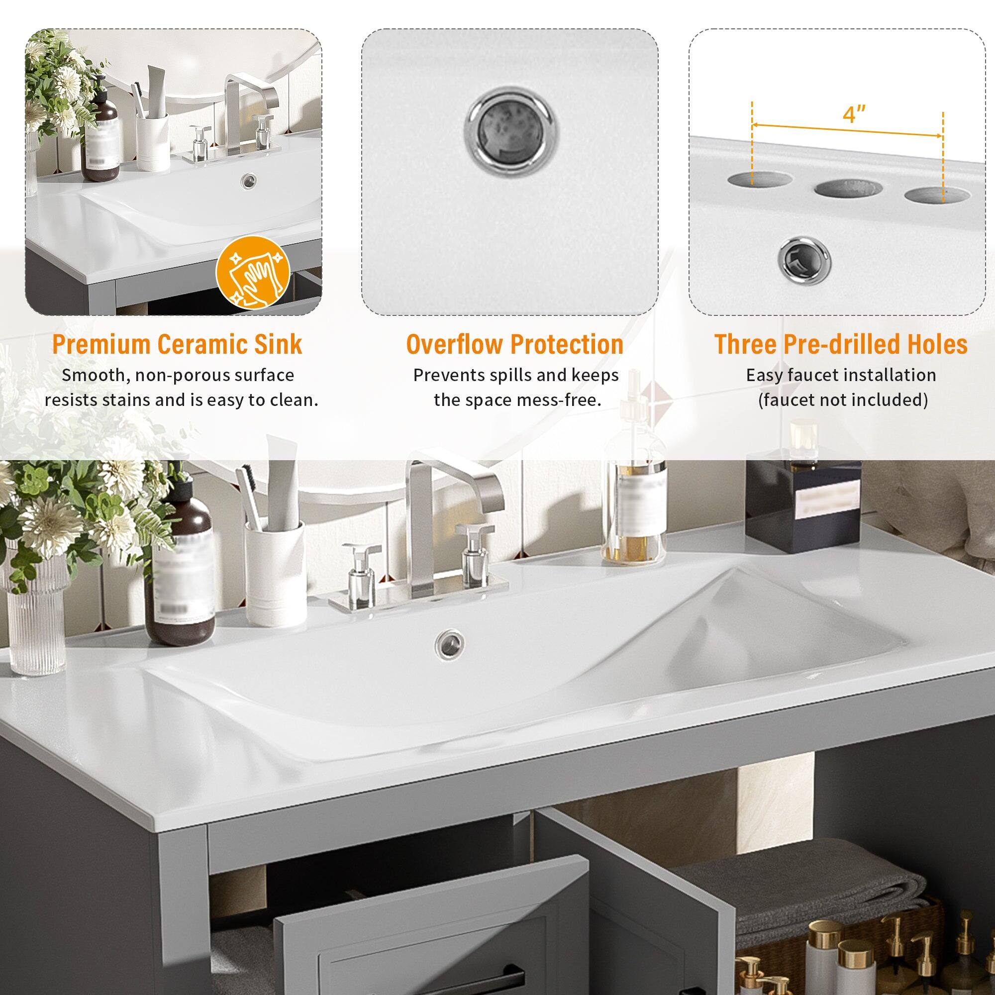 - Premium Ceramic Sink  
  Smooth, non-porous surface resists stains and is easy to clean.

- Overflow Protection  
  Prevents spills and keeps the space mess-free.

- Three Pre-drilled Holes  
  Easy faucet installation (faucet not included)