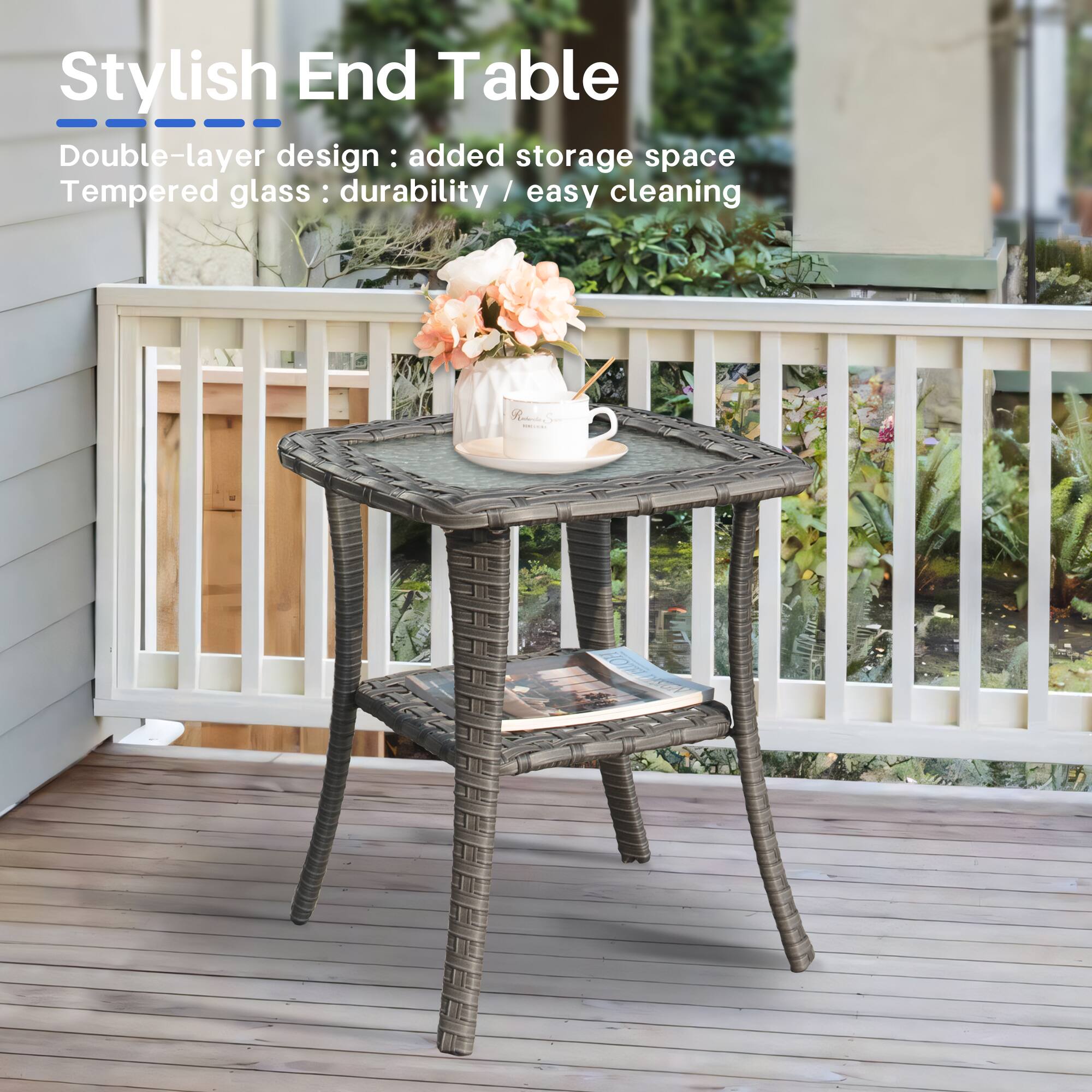 Stylish End Table

Double-layer design: added storage space  
Tempered glass: durability / easy cleaning