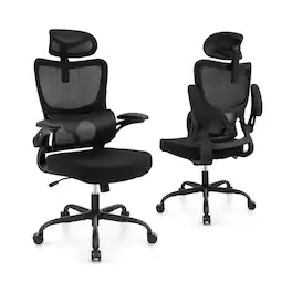 Pefilos - Mesh Office Chair with Adaptive Lumbar Support Flip-up Armrests Reclining Backrest- Home Office Computer Desk - Black
