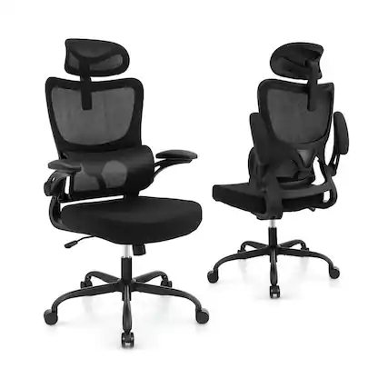 Front. Pefilos - Mesh Office Chair with Adaptive Lumbar Support Flip-up Armrests Reclining Backrest-Black, Home Office Computer Desk - Black.